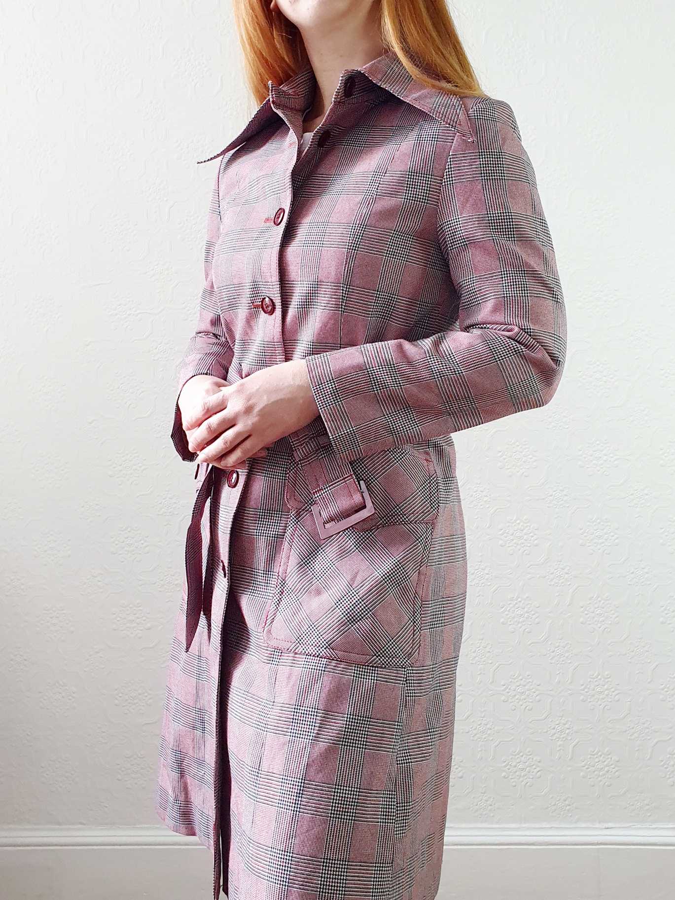 Vintage 70s Pink & Grey Checked Trench Coat - XS - Image 11