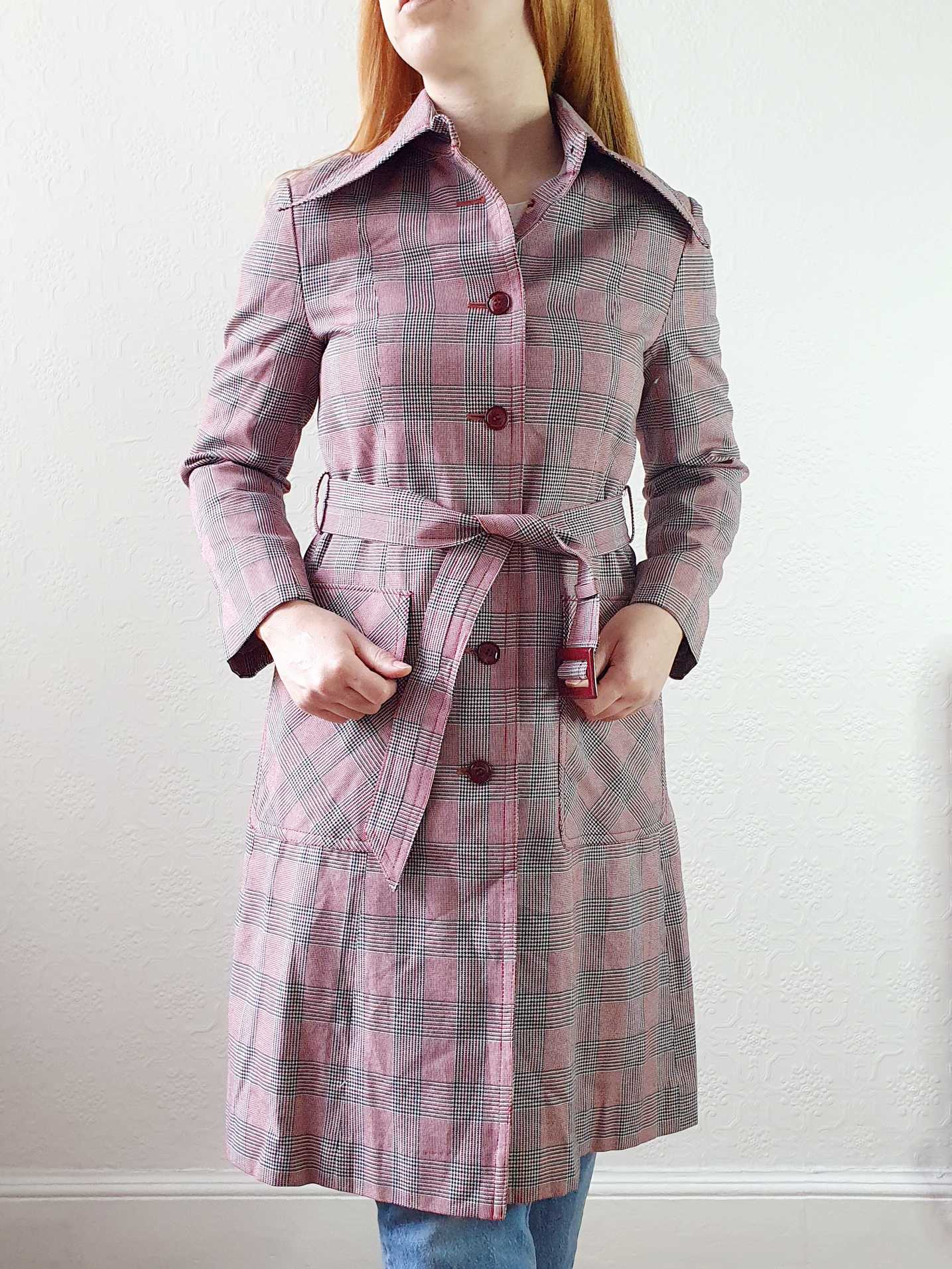 Vintage 70s Pink & Grey Checked Trench Coat - XS - Image 12