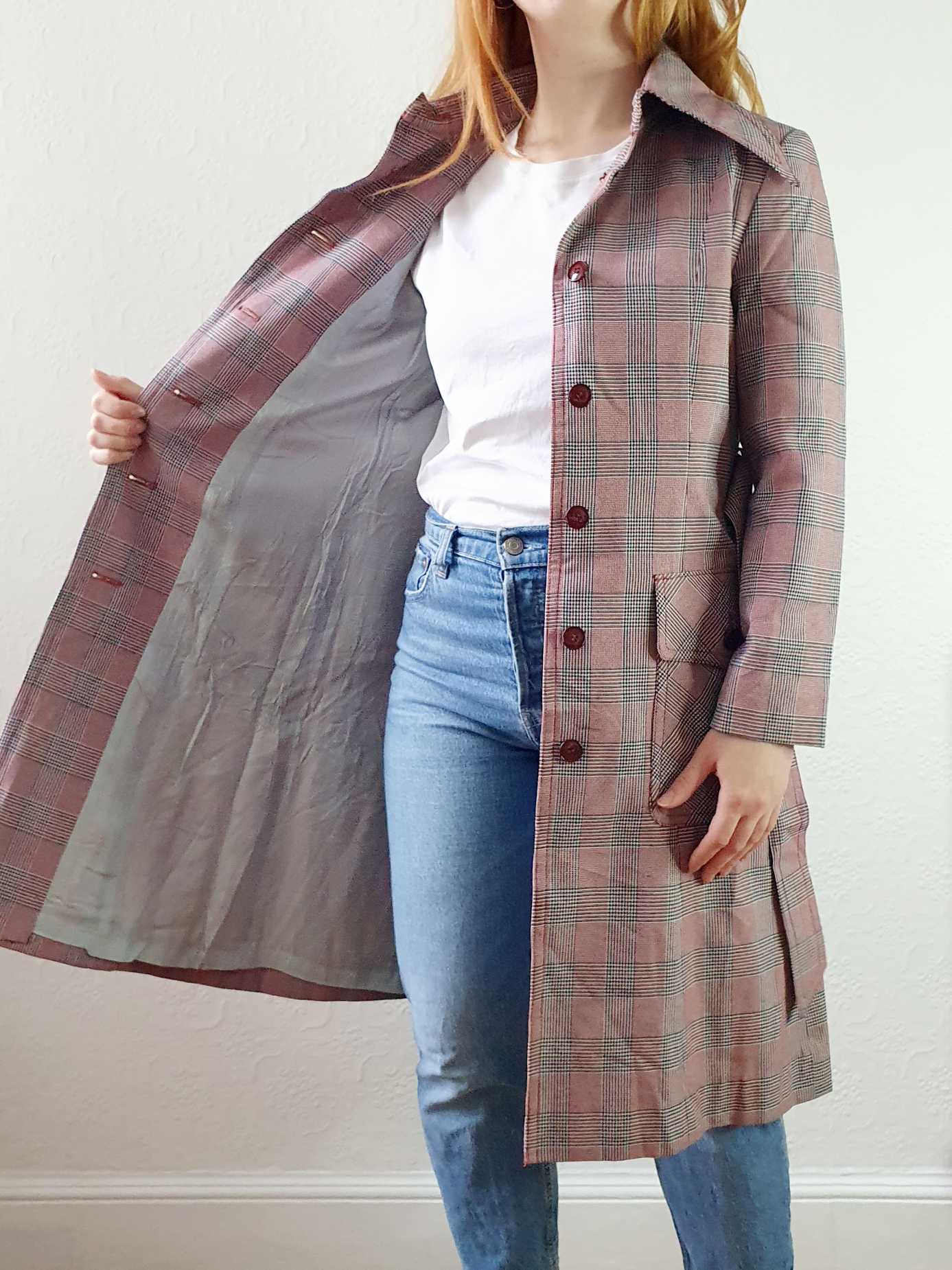 Vintage 70s Pink & Grey Checked Trench Coat - XS - Image 13