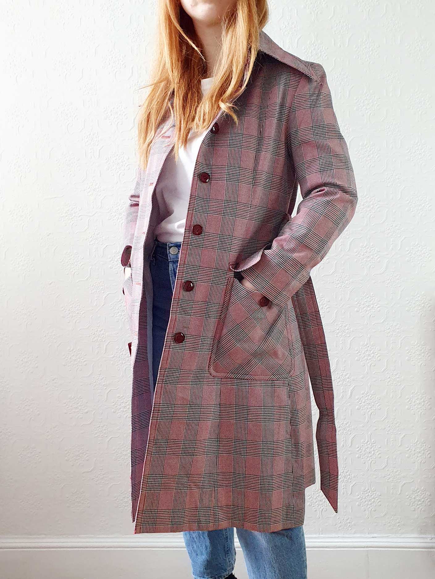 Vintage 70s Pink & Grey Checked Trench Coat - XS - Image 2