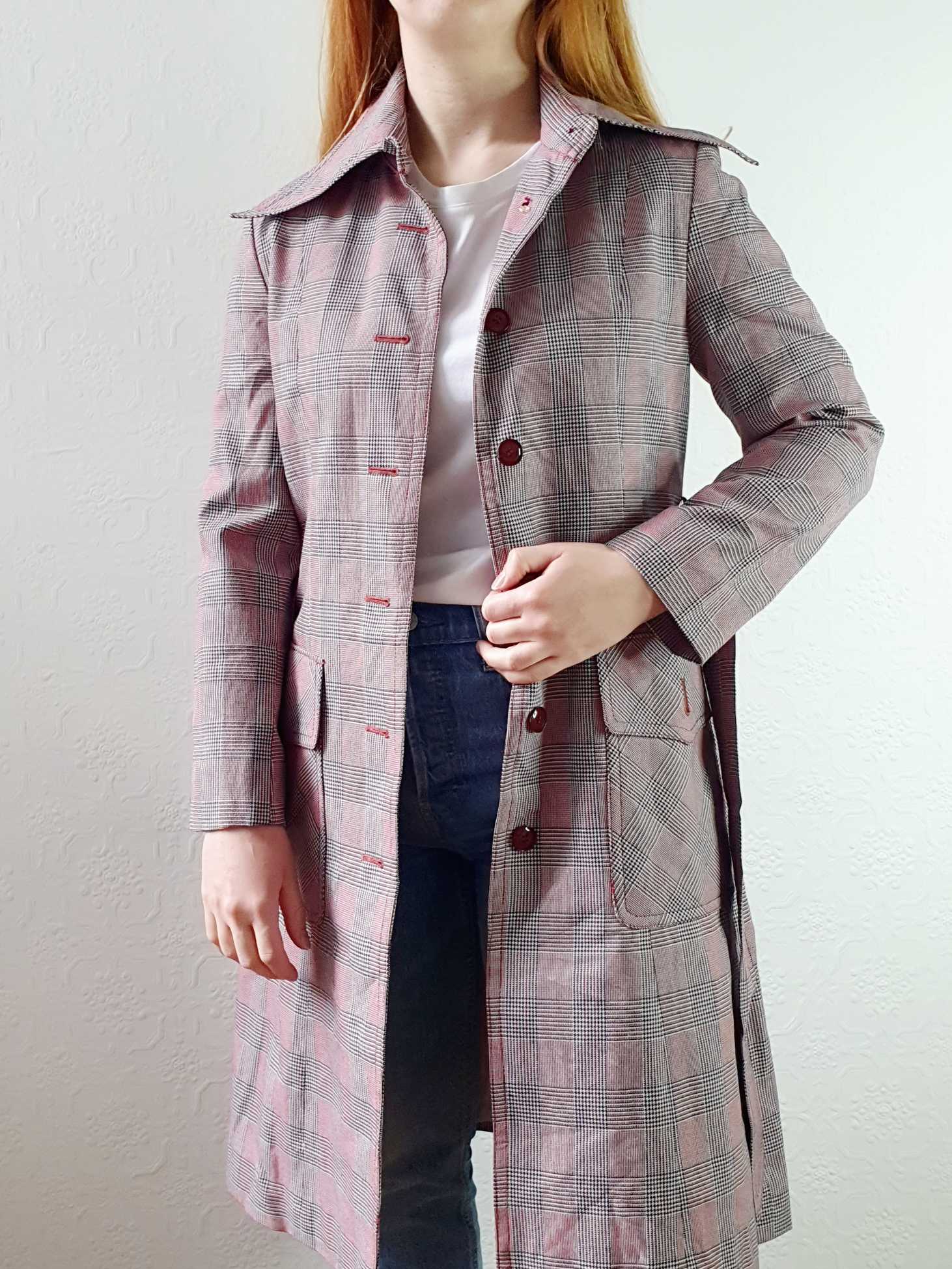 Vintage 70s Pink & Grey Checked Trench Coat - XS - Image 3
