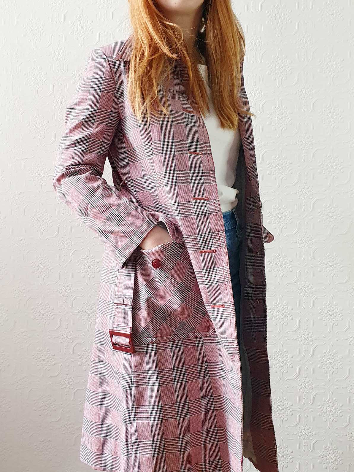 Vintage 70s Pink & Grey Checked Trench Coat - XS - Image 4
