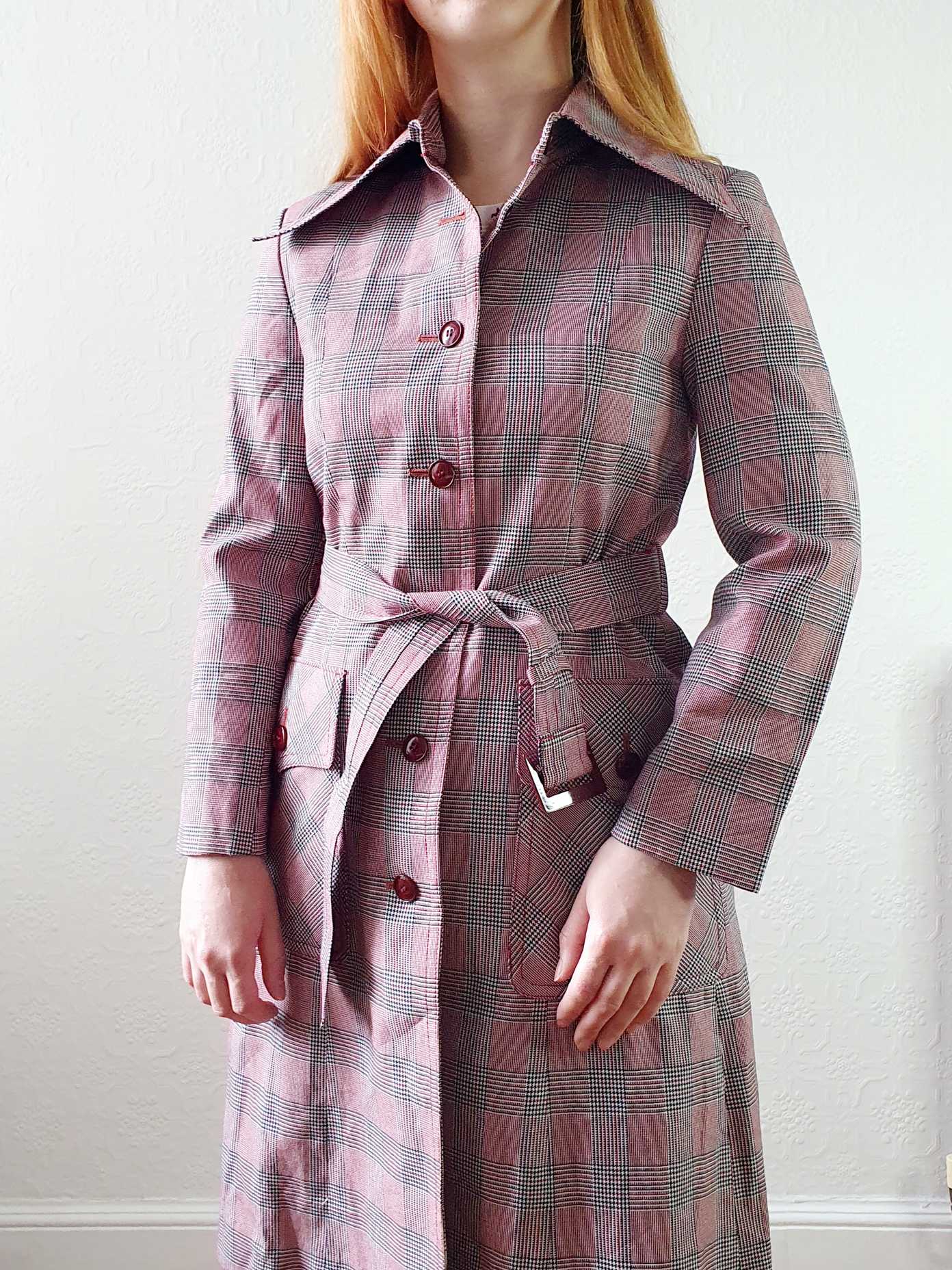 Vintage 70s Pink & Grey Checked Trench Coat - XS - Image 5