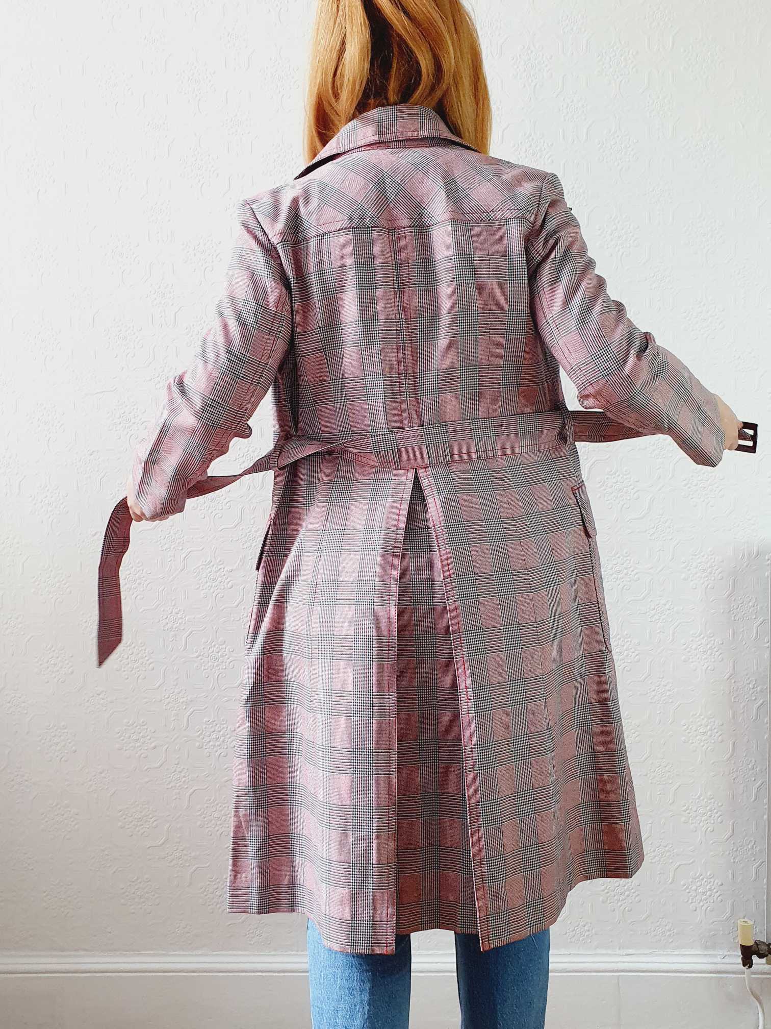 Vintage 70s Pink & Grey Checked Trench Coat - XS - Image 6
