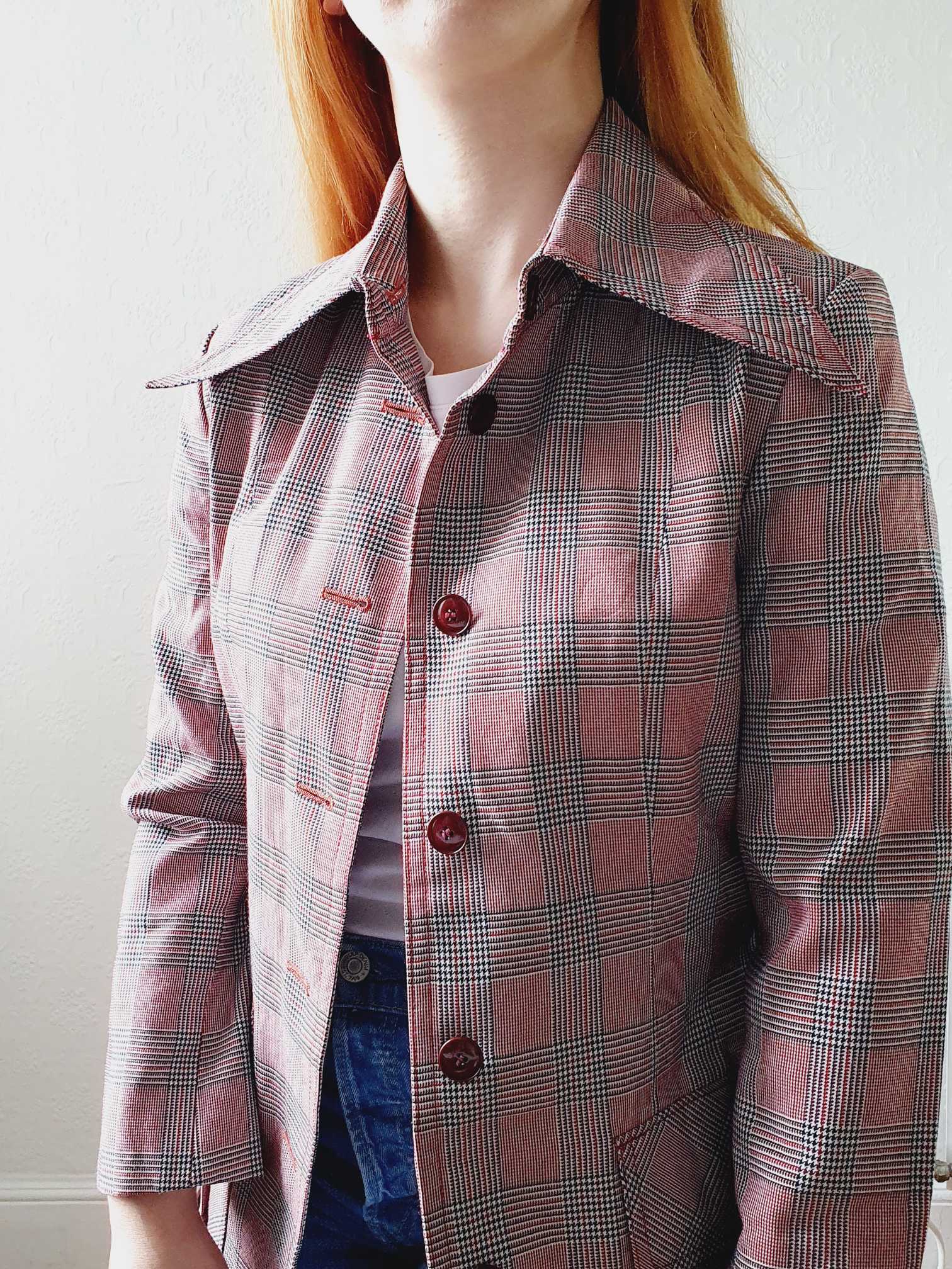Vintage 70s Pink & Grey Checked Trench Coat - XS - Image 7