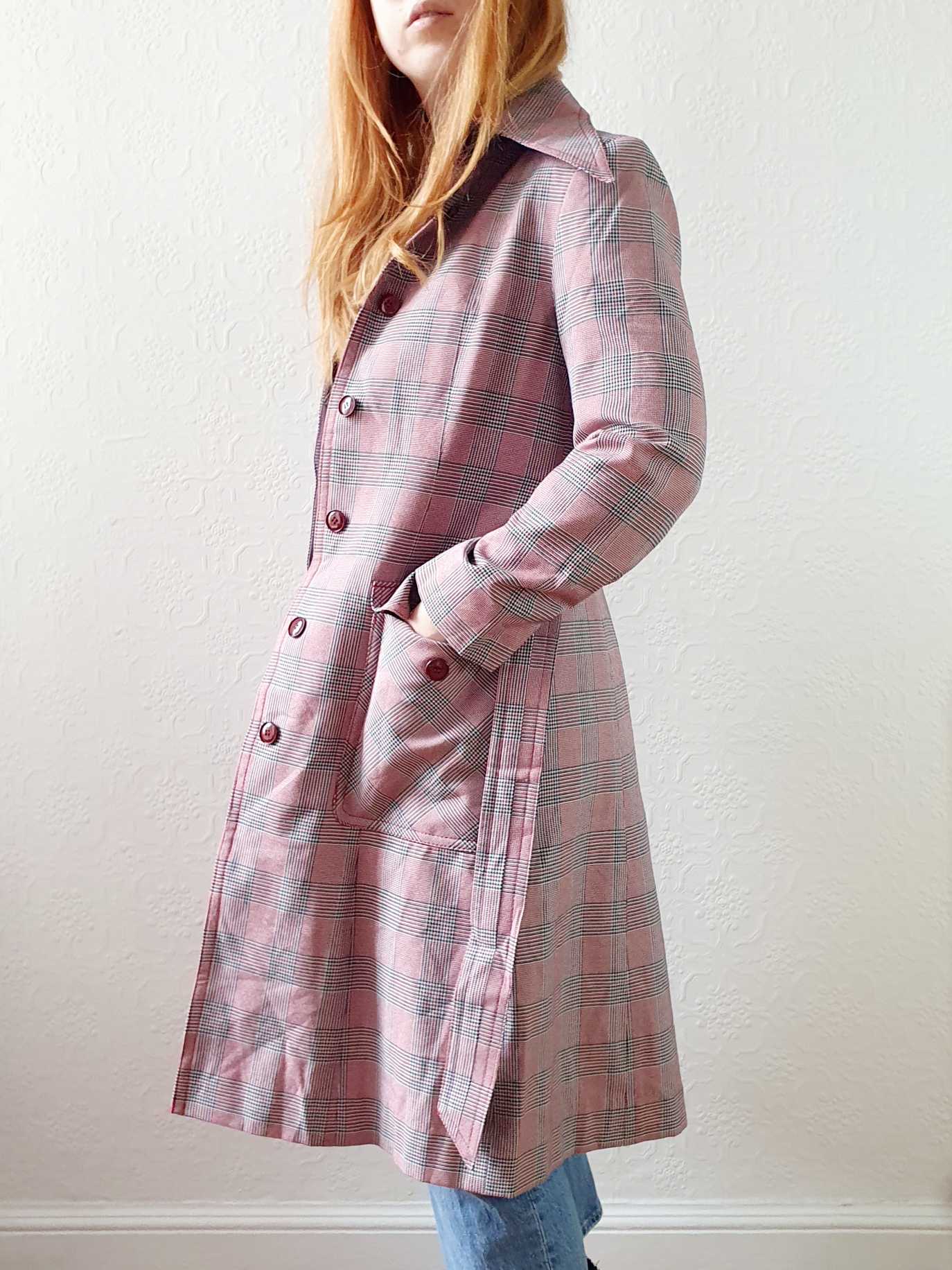 Vintage 70s Pink & Grey Checked Trench Coat - XS - Image 8