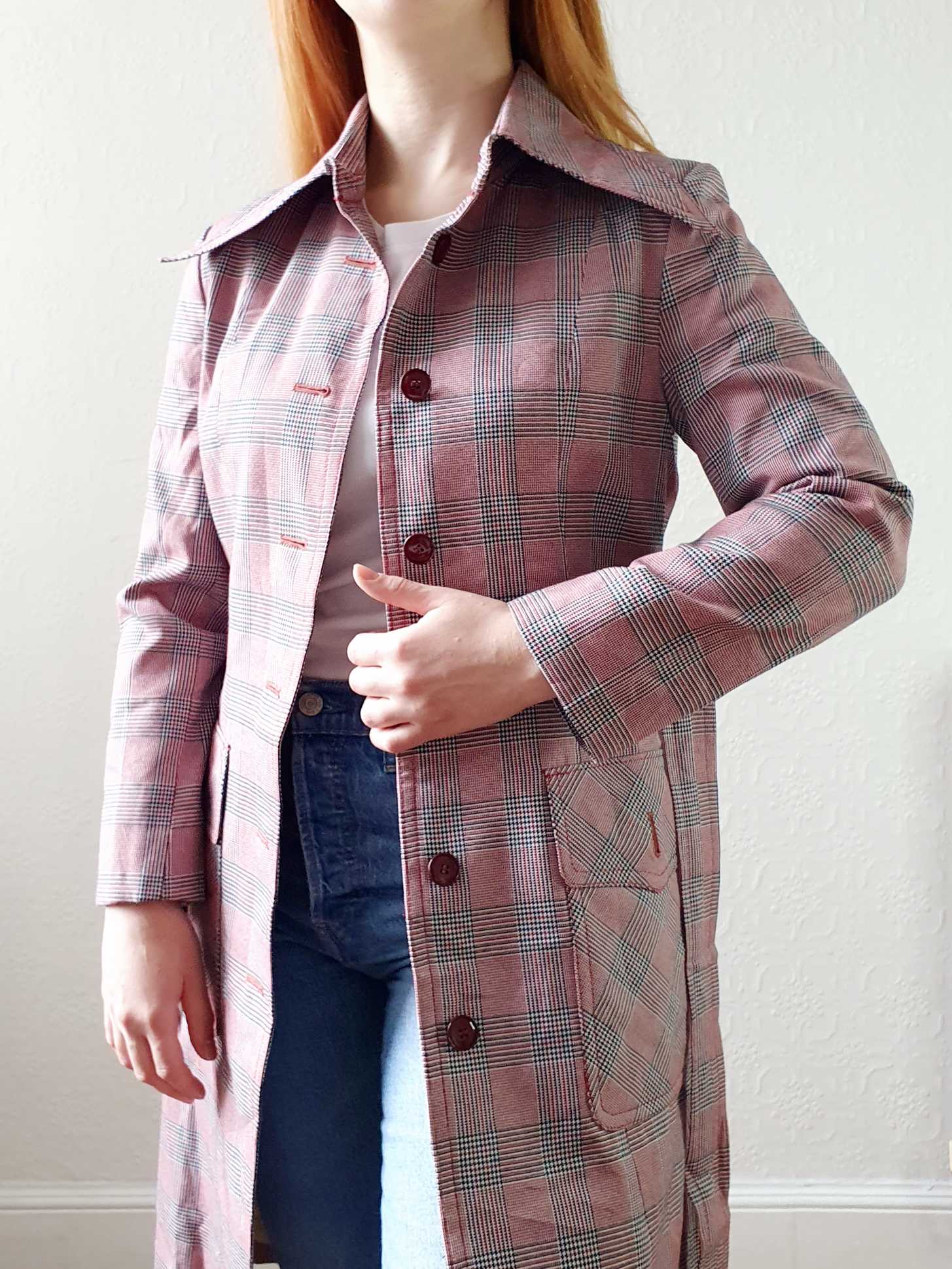 Vintage 70s Pink & Grey Checked Trench Coat - XS - Image 9