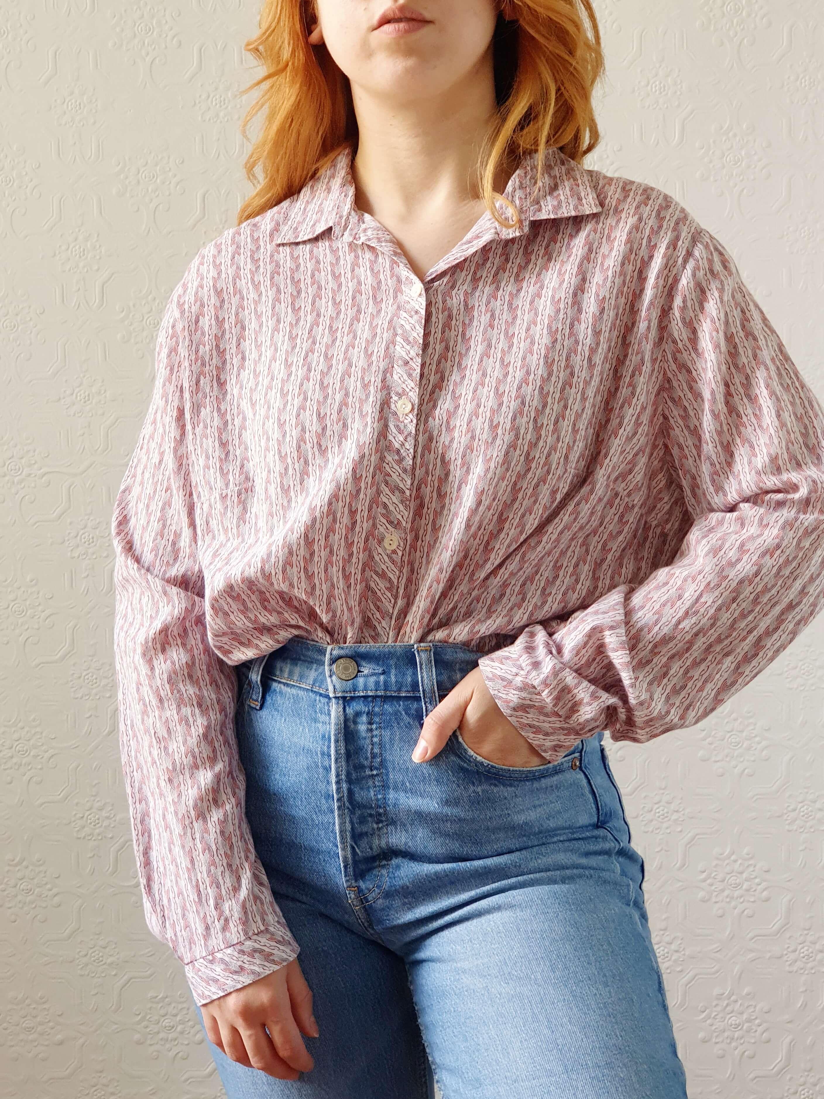 Vintage 70s Pink Long Sleeve Cotton Blouse - L
