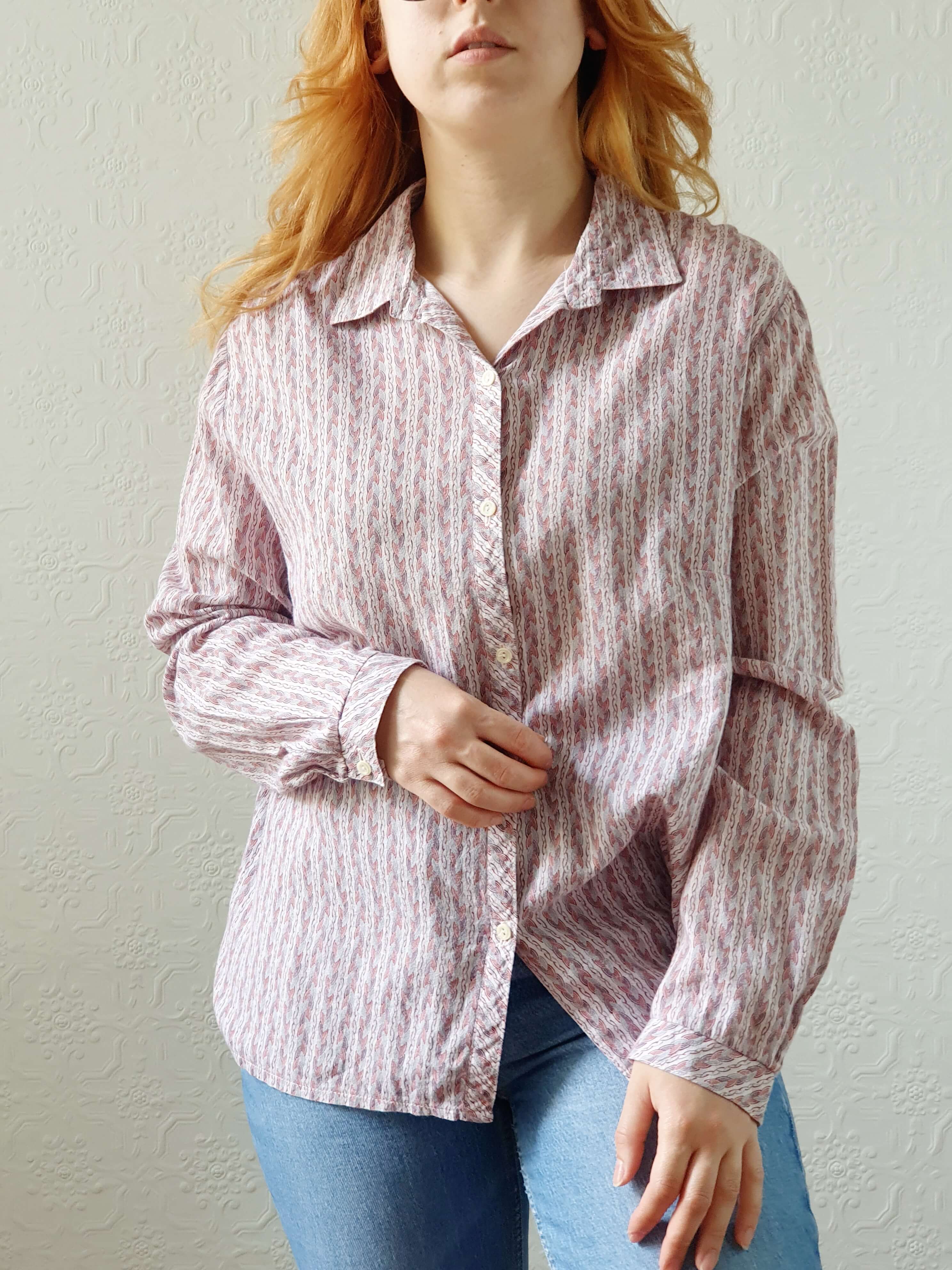 Vintage 70s Pink Long Sleeve Cotton Blouse - L - Image 2