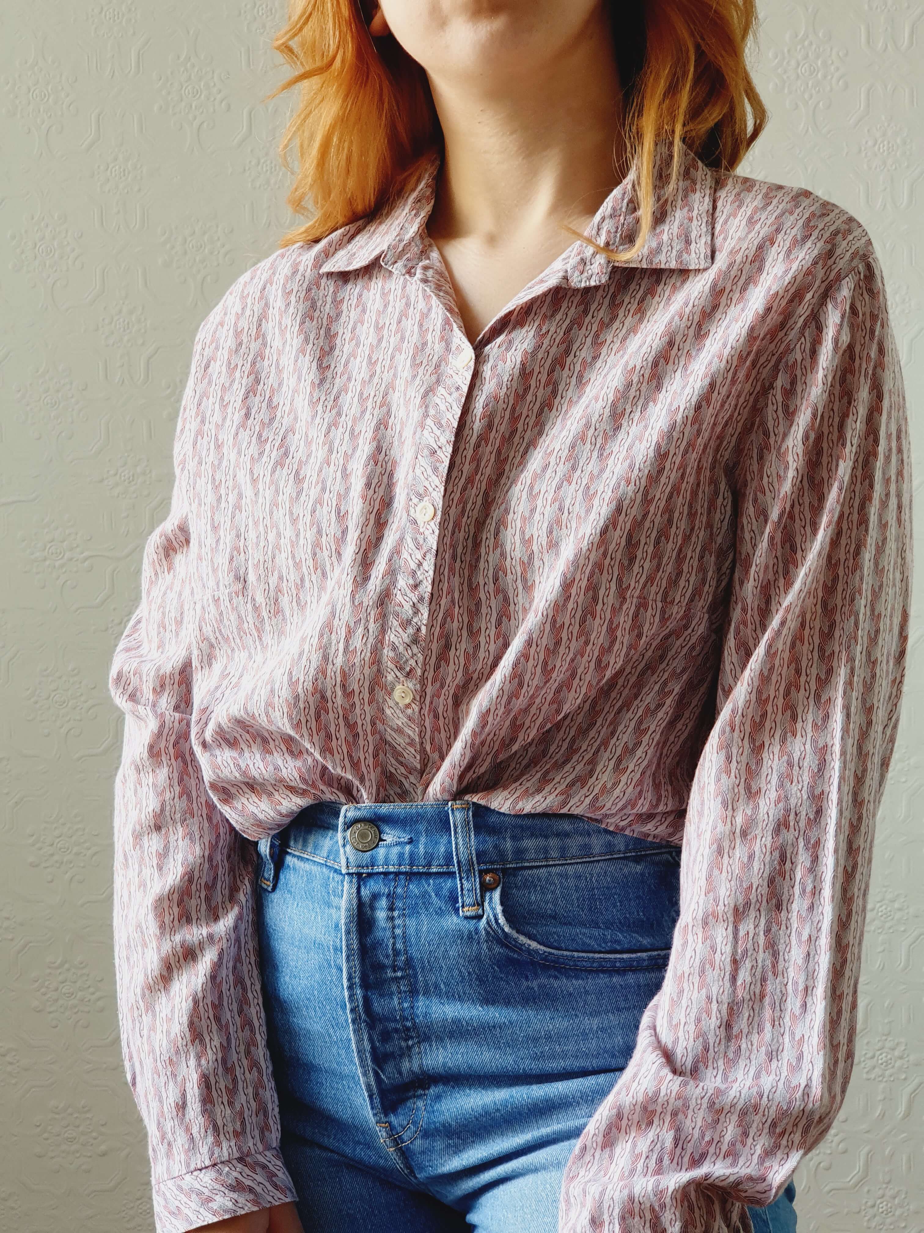 Vintage 70s Pink Long Sleeve Cotton Blouse - L - Image 3