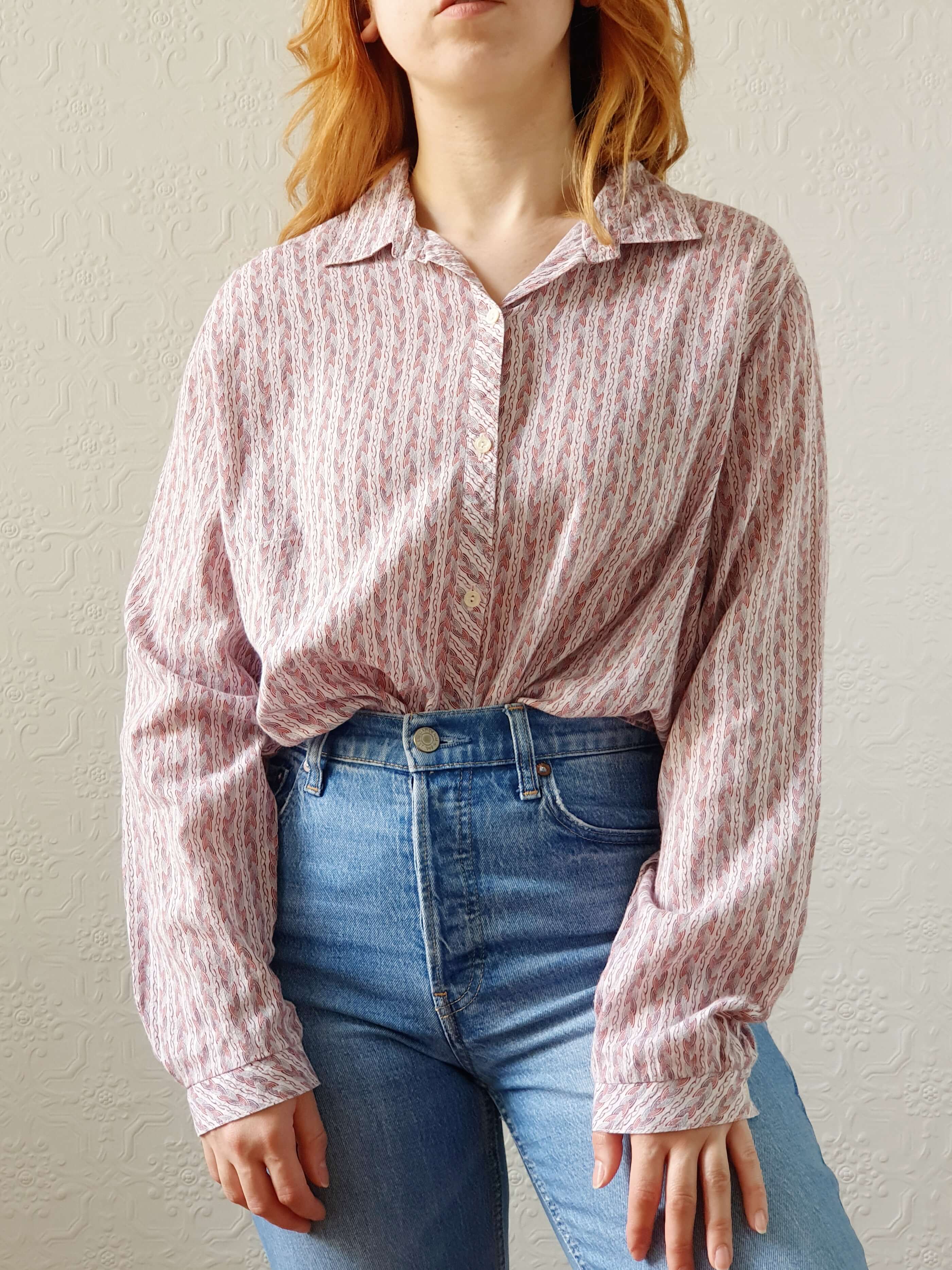 Vintage 70s Pink Long Sleeve Cotton Blouse - L - Image 4