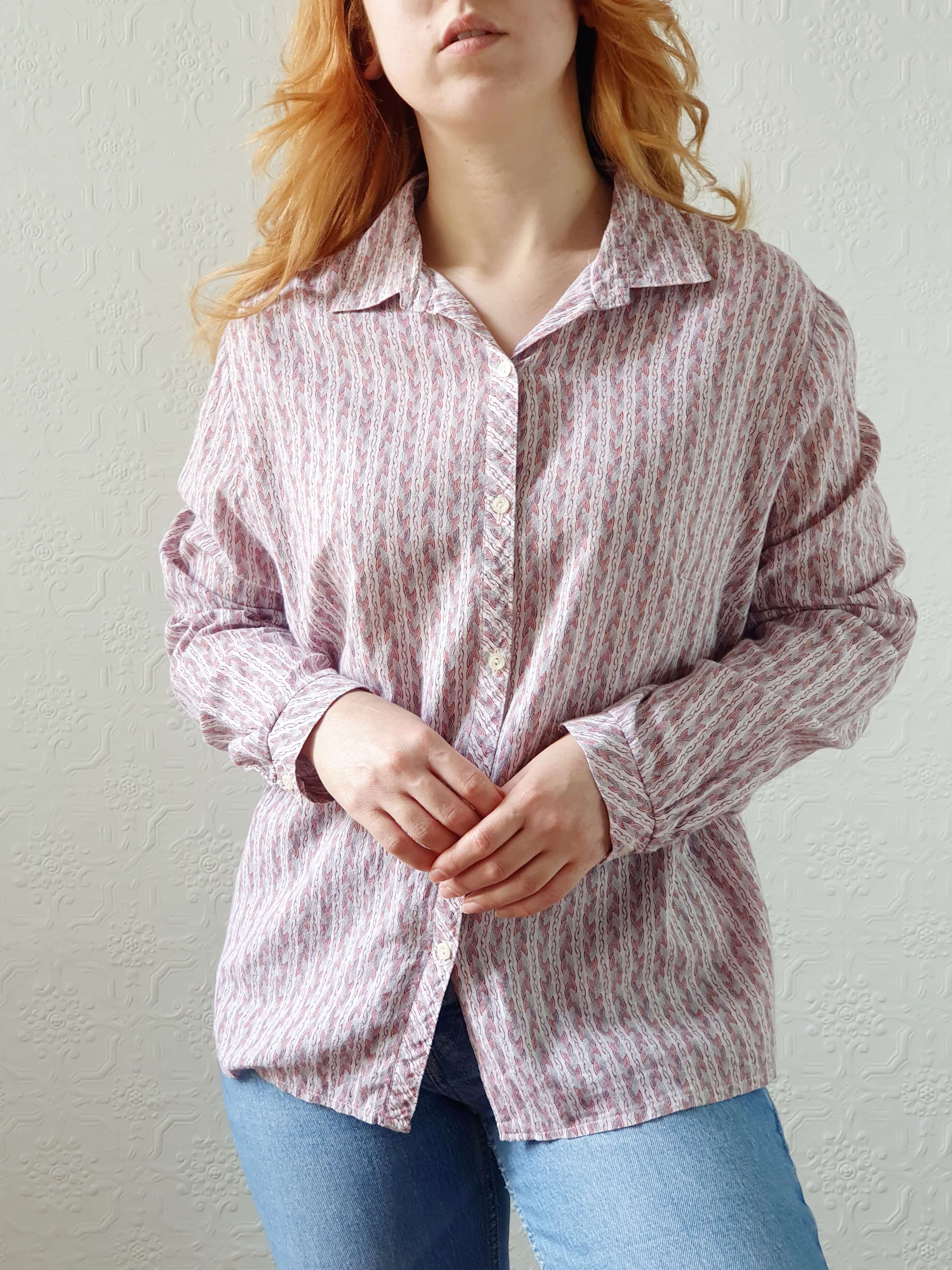 Vintage 70s Pink Long Sleeve Cotton Blouse - L - Image 8