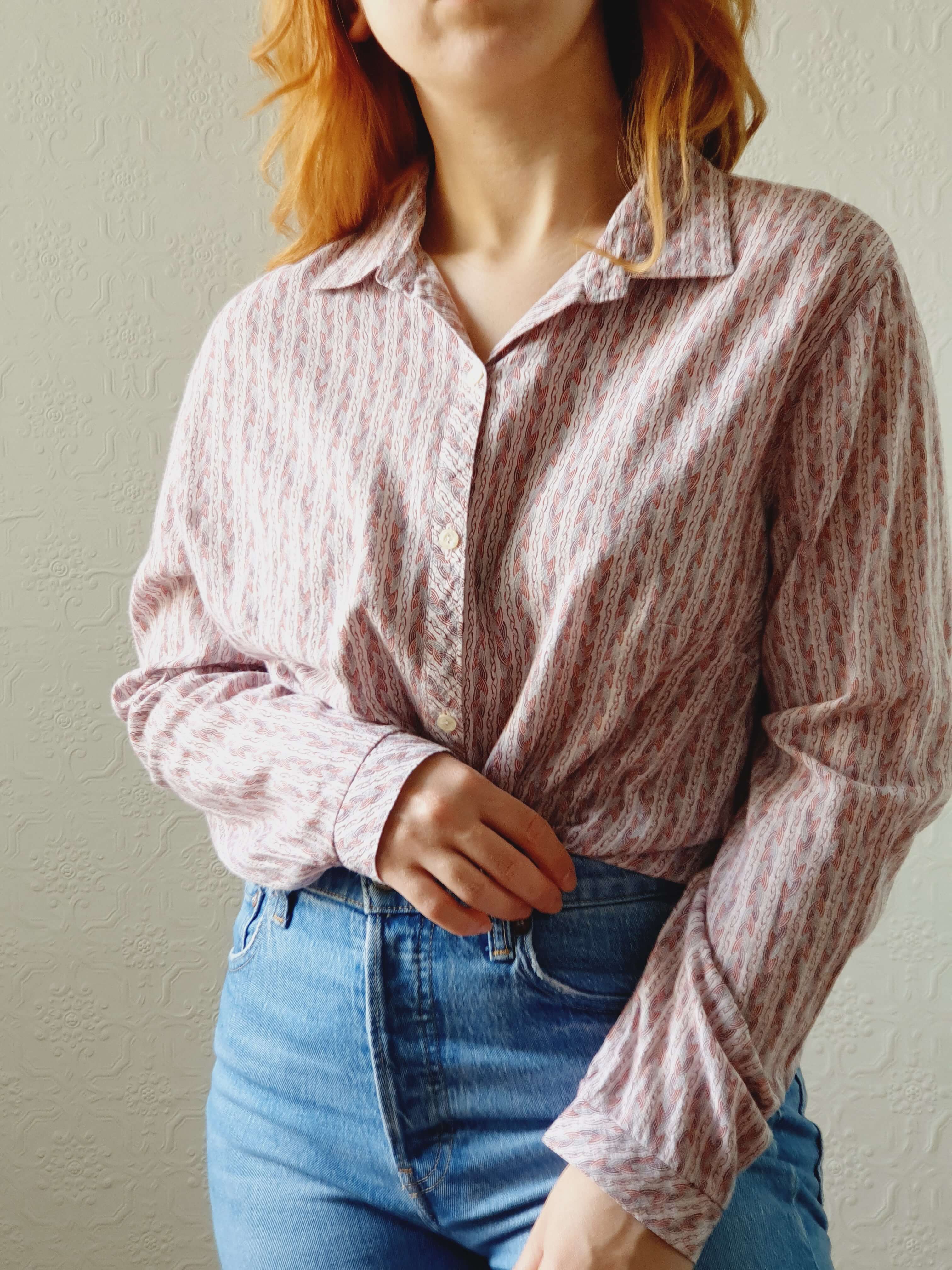 Vintage 70s Pink Long Sleeve Cotton Blouse - L - Image 9