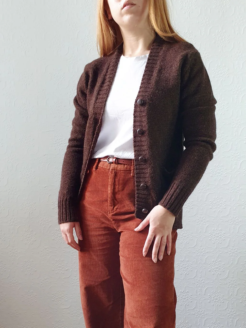 Vintage 70s Pure Wool Knitted Brown V-Neck Cardigan - XS - Image 3