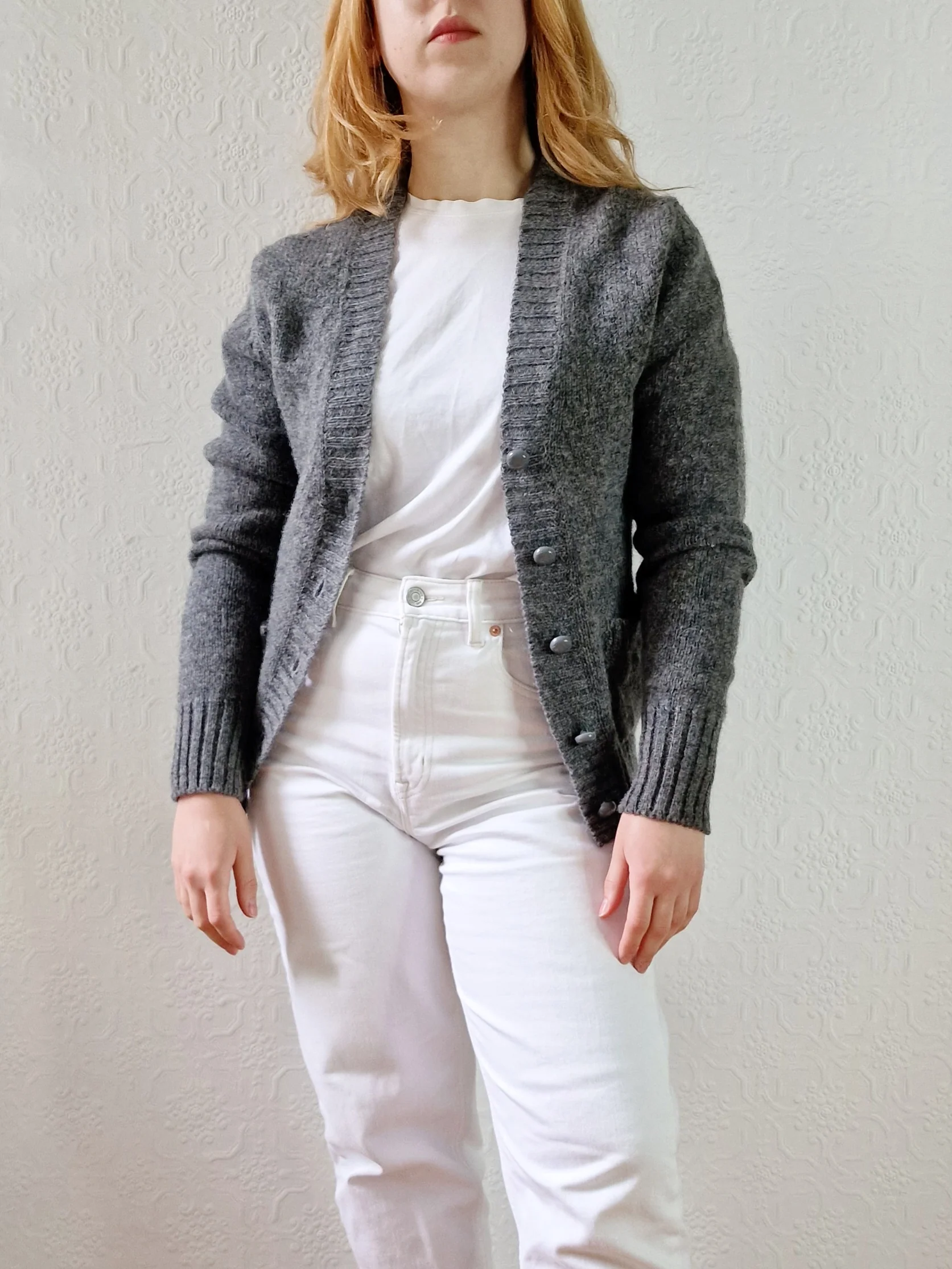 Vintage 70s Pure Wool Knitted Dark Grey V-Neck Cardigan - XS - Image 3