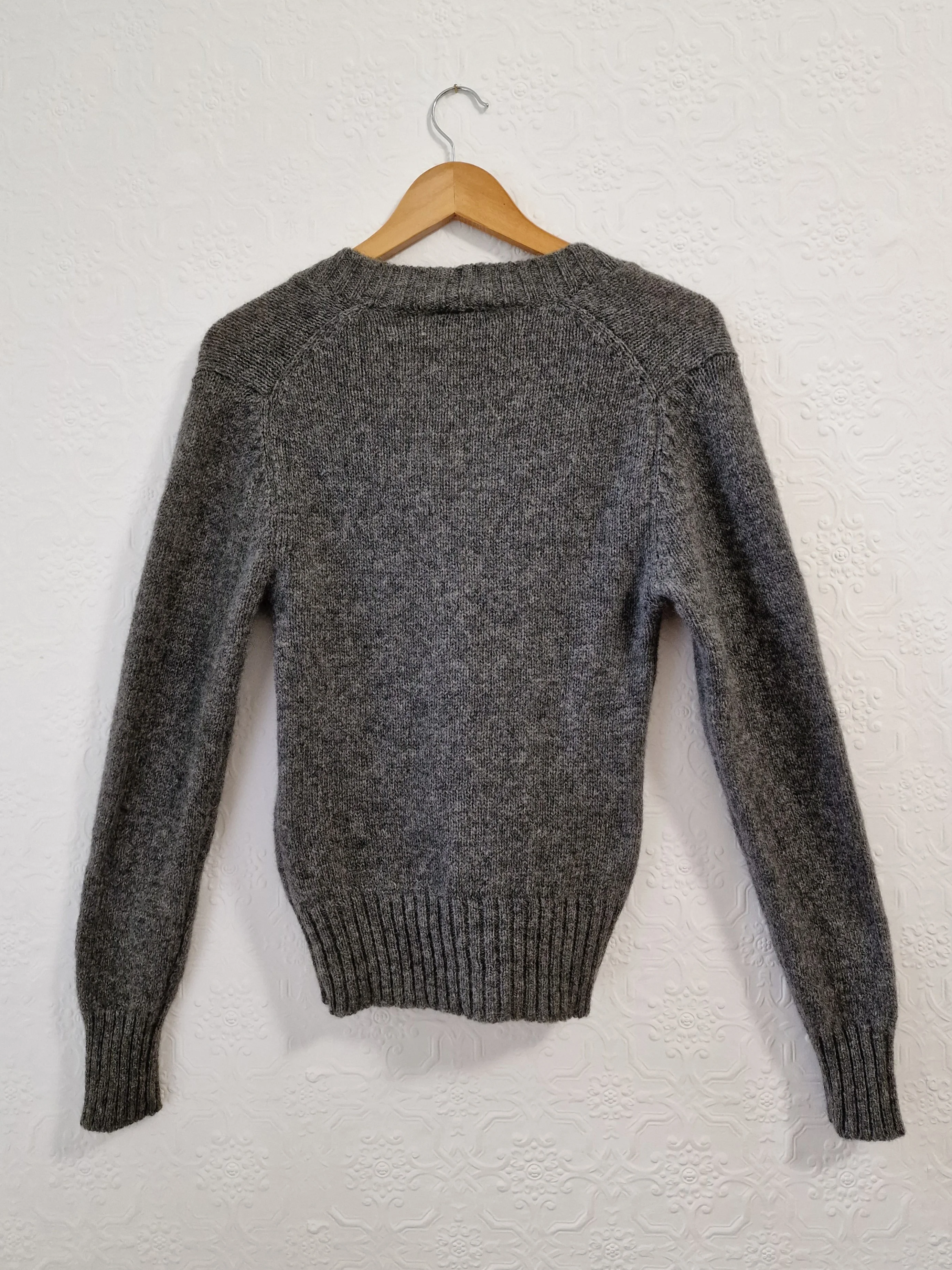 Vintage 70s Pure Wool Knitted Dark Grey V-Neck Cardigan - XS - Image 8
