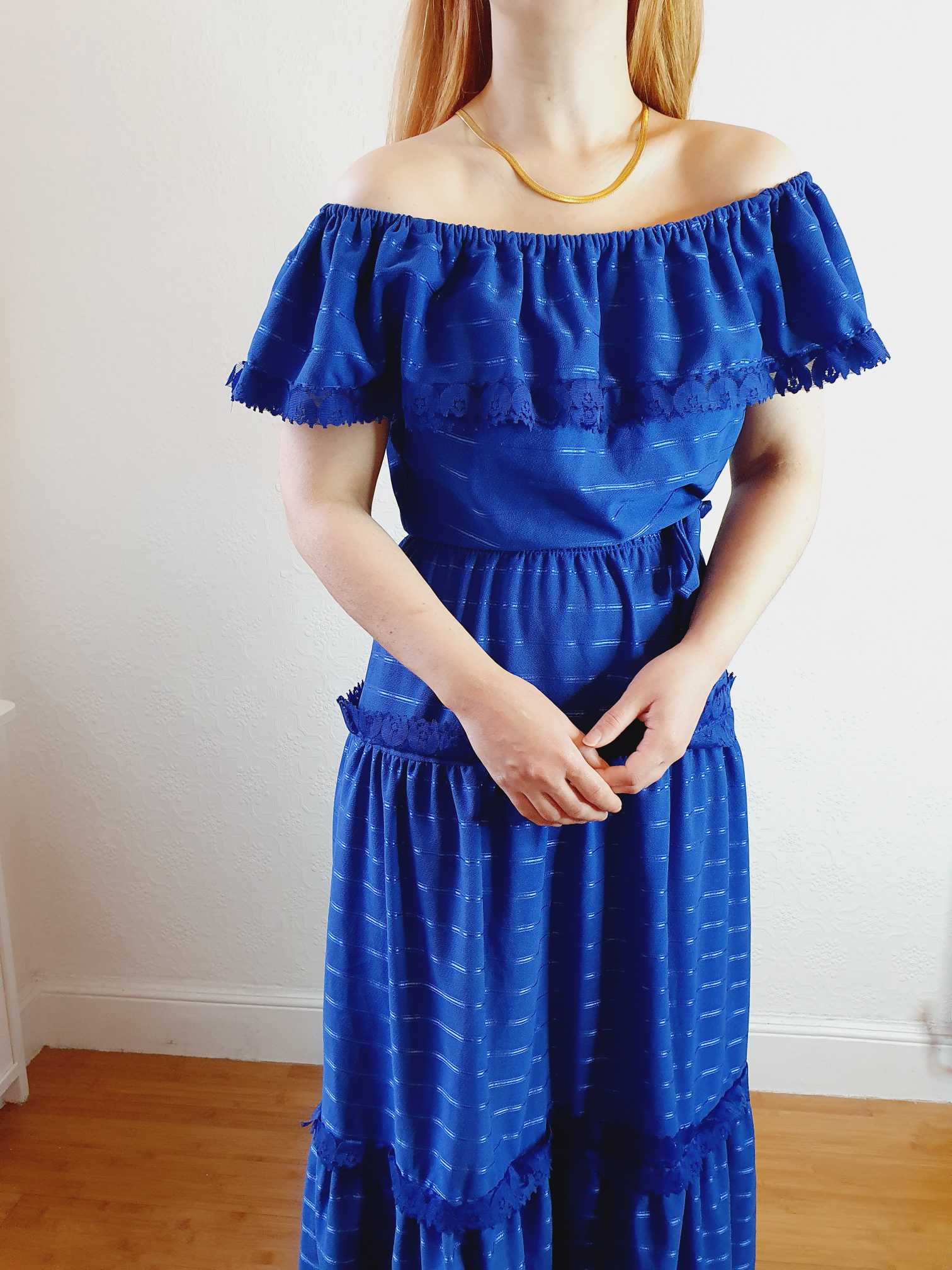 Vintage 70s Royal Blue Maxi Dress - M