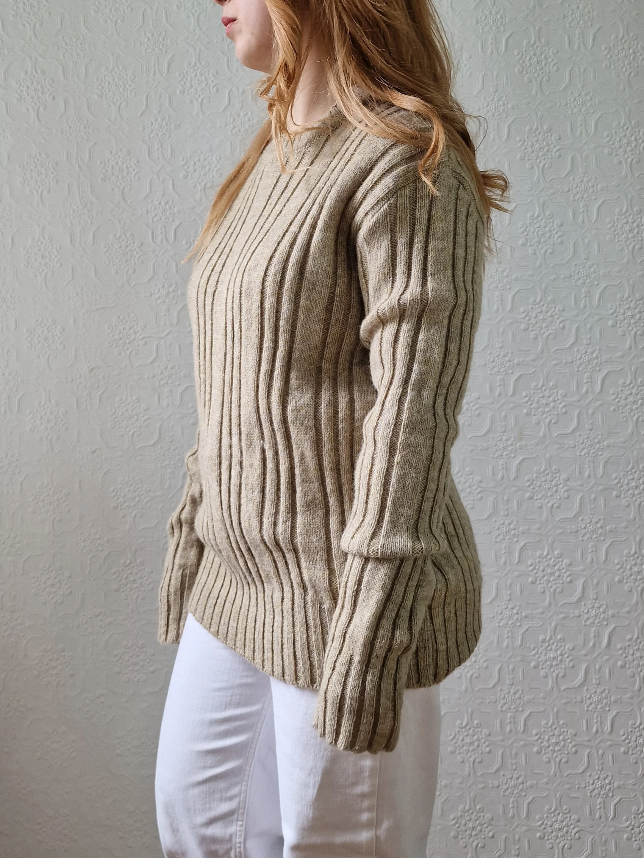 Vintage 70s Shetland Wool Light Brown Jumper with Crew Neck - M - Image 2