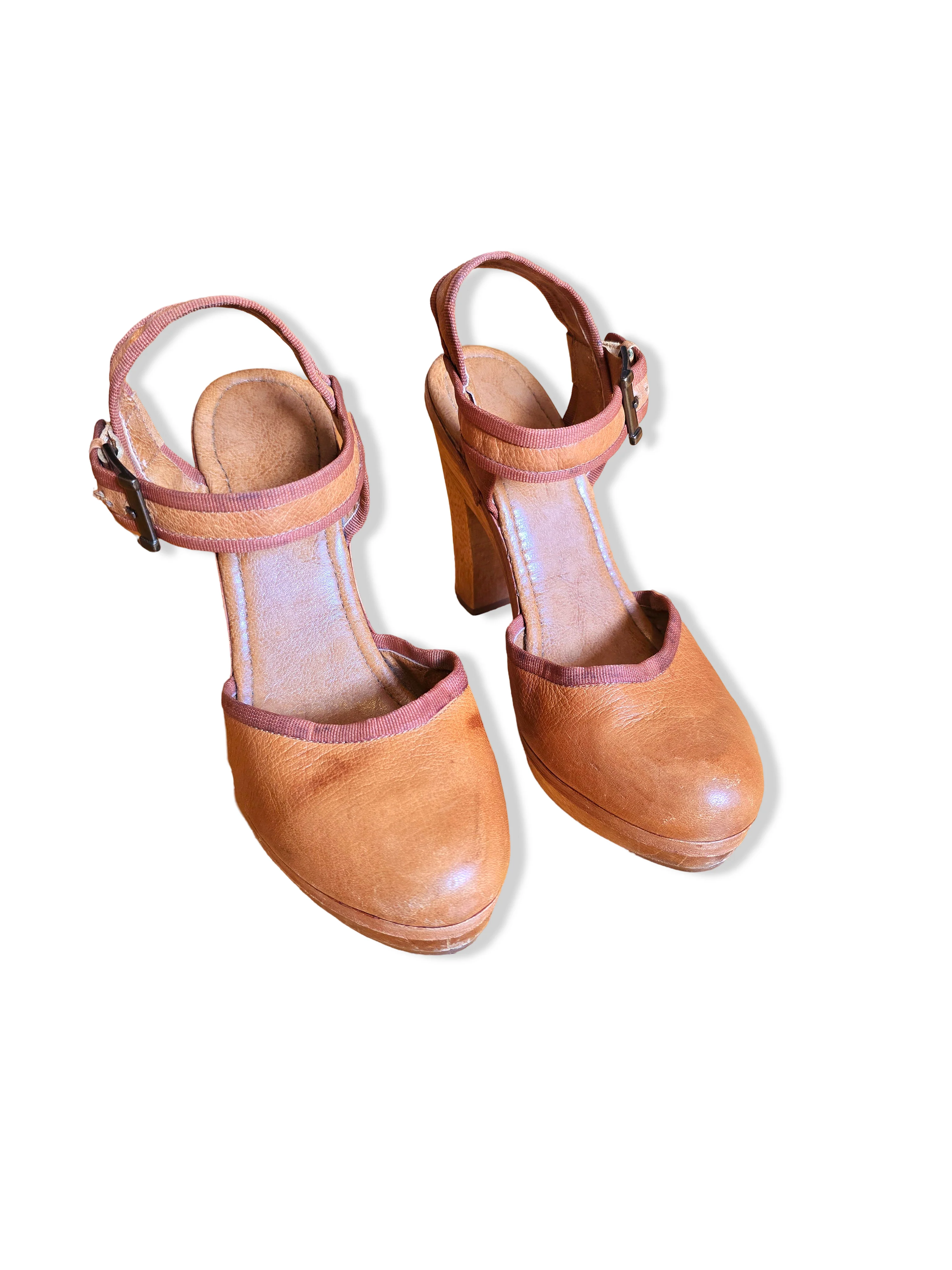 Vintage 70s Tan Leather Block Heels - UK6 - Image 2