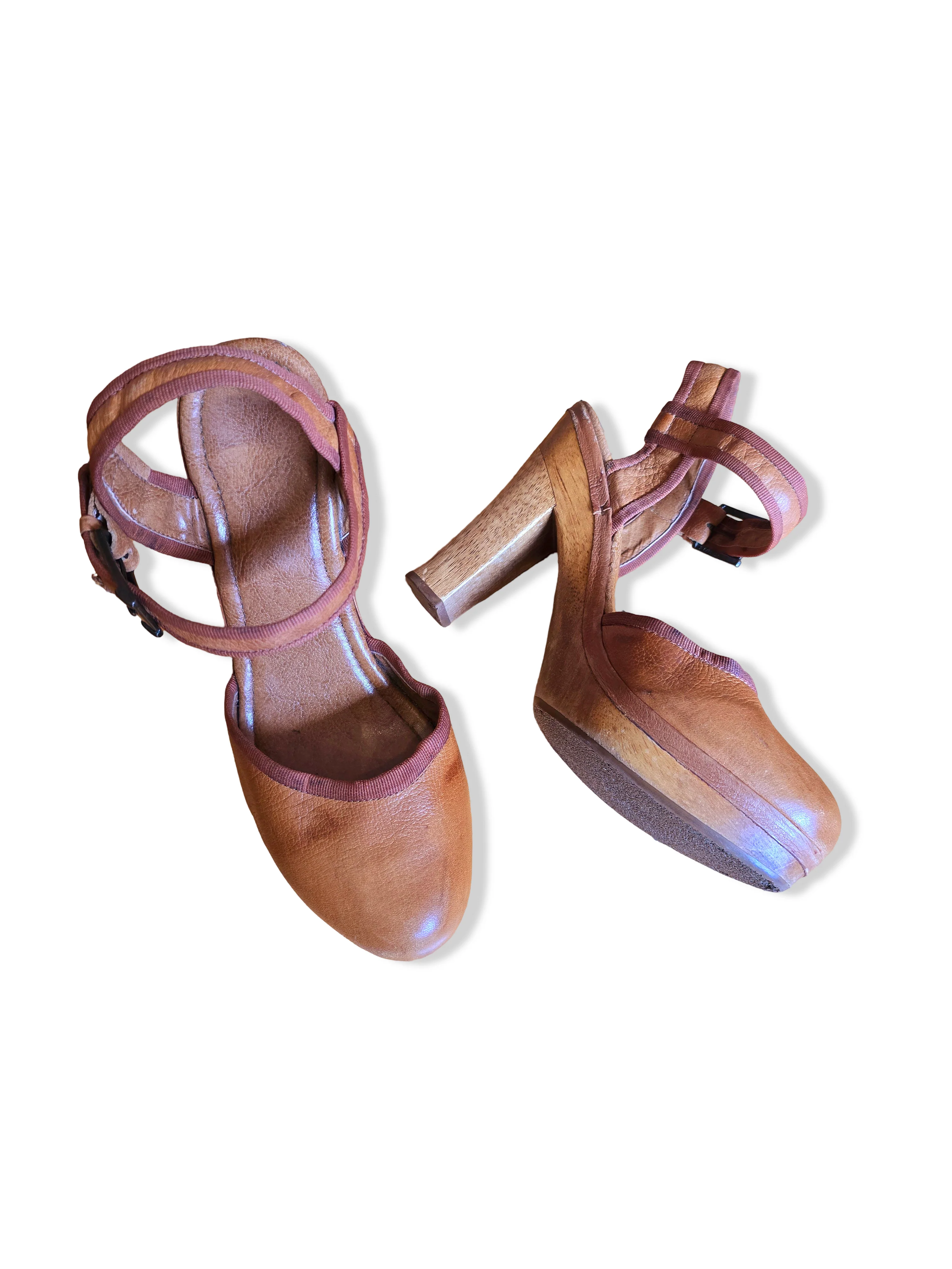 Vintage 70s Tan Leather Block Heels - UK6 - Image 3