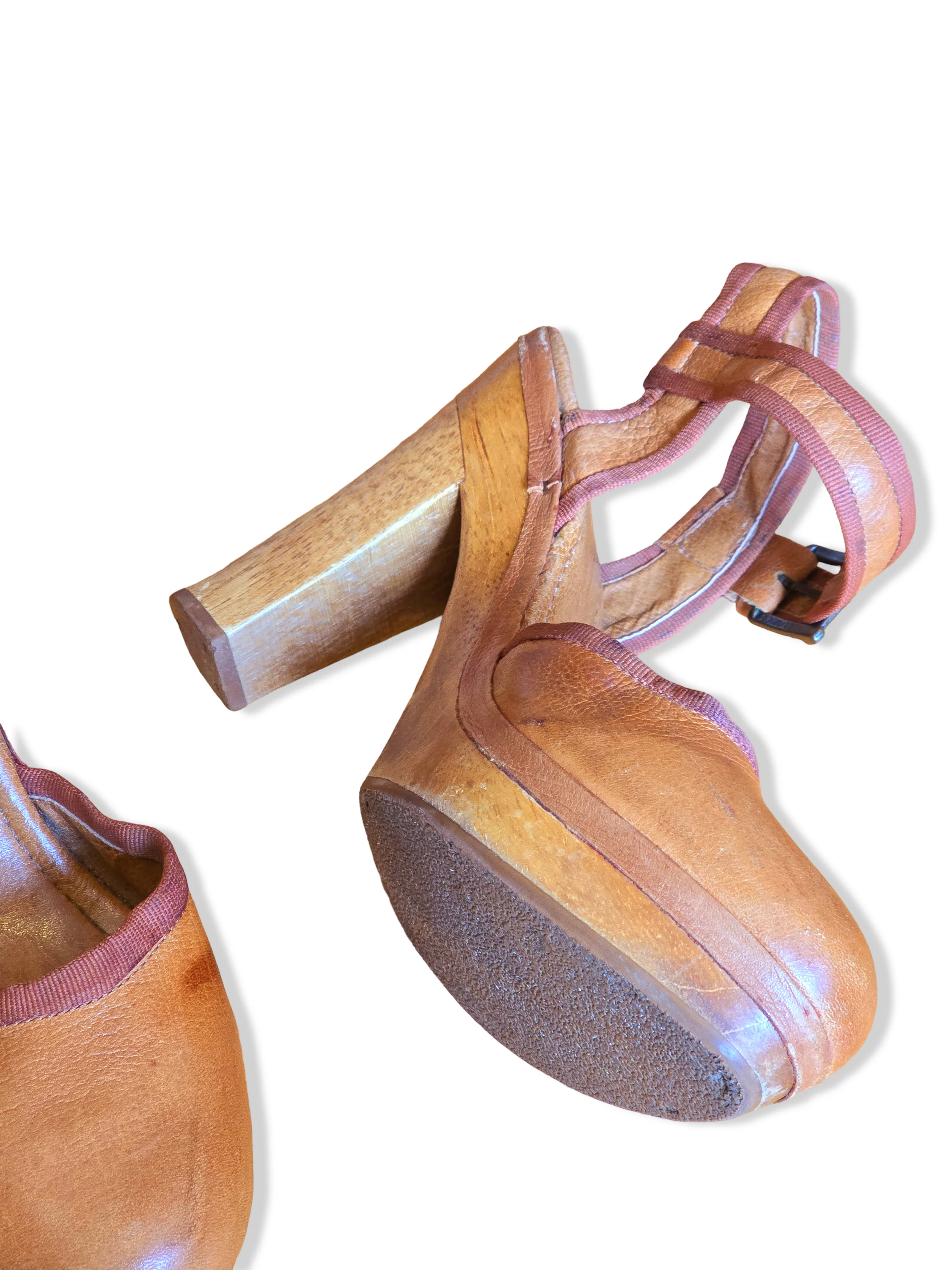 Vintage 70s Tan Leather Block Heels - UK6 - Image 4