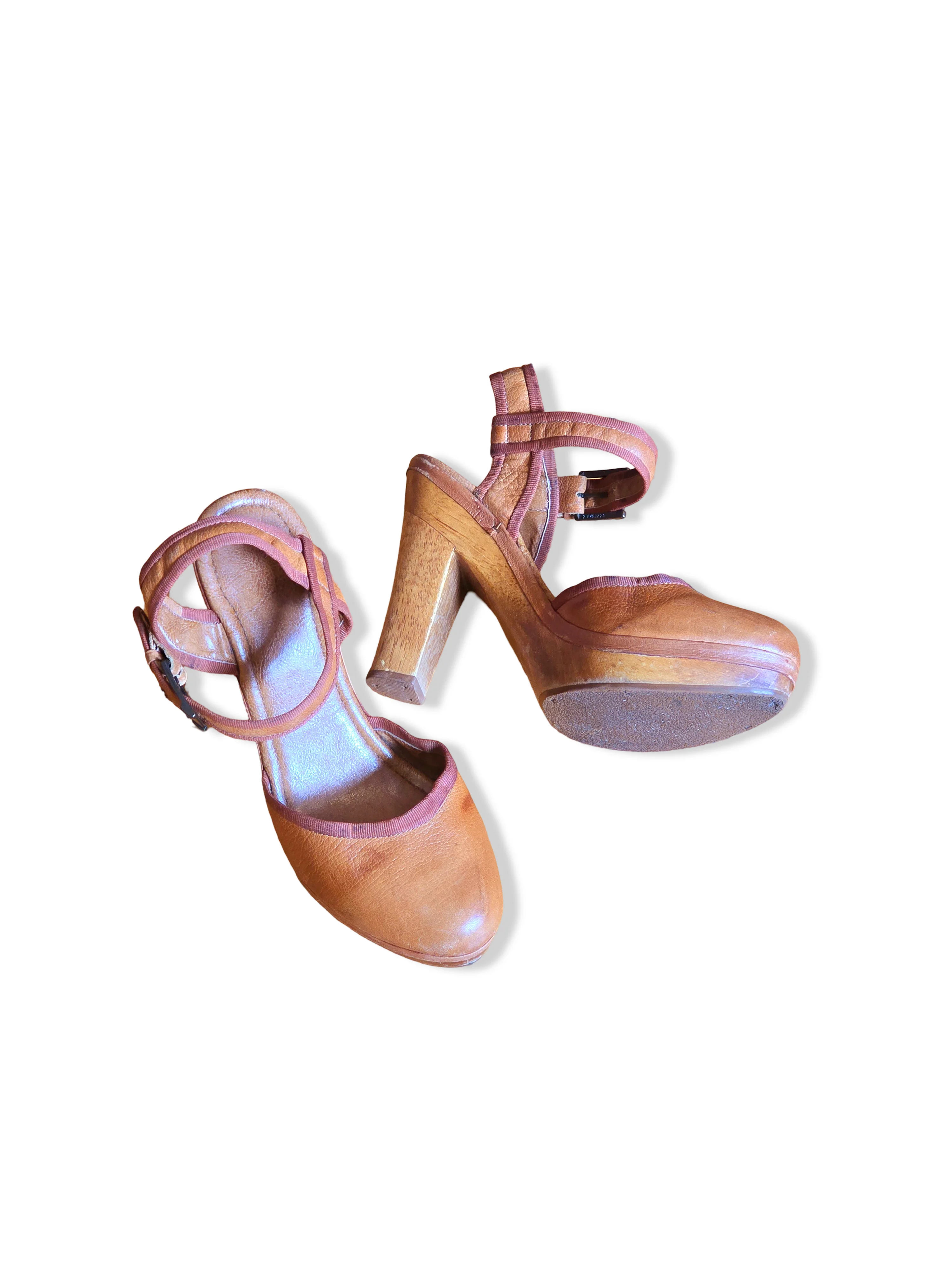 Vintage 70s Tan Leather Block Heels - UK6 - Image 8