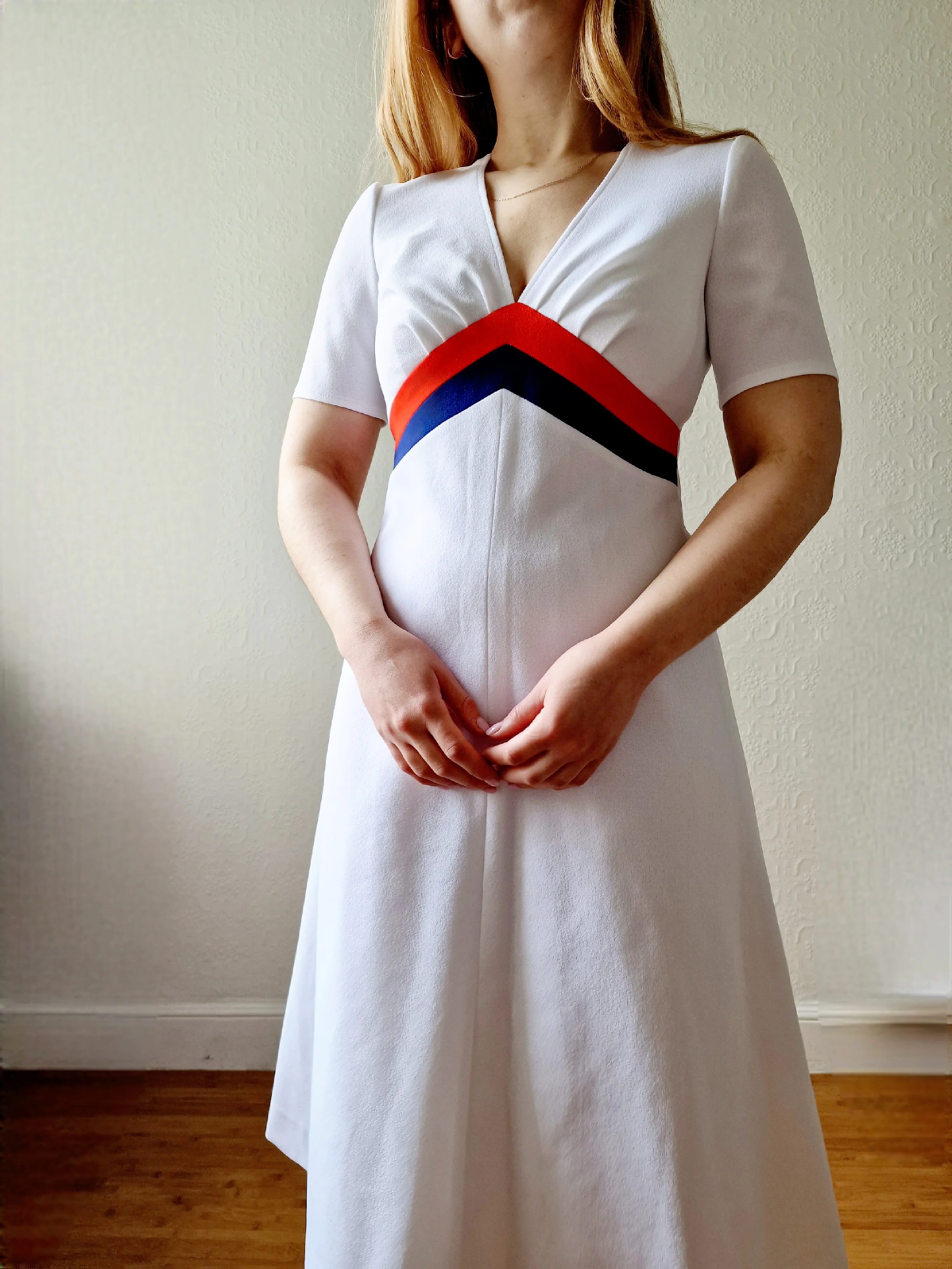 Vintage 70s White A-Line Midi Dress with Red & Blue Stripe Detail - S - Image 2