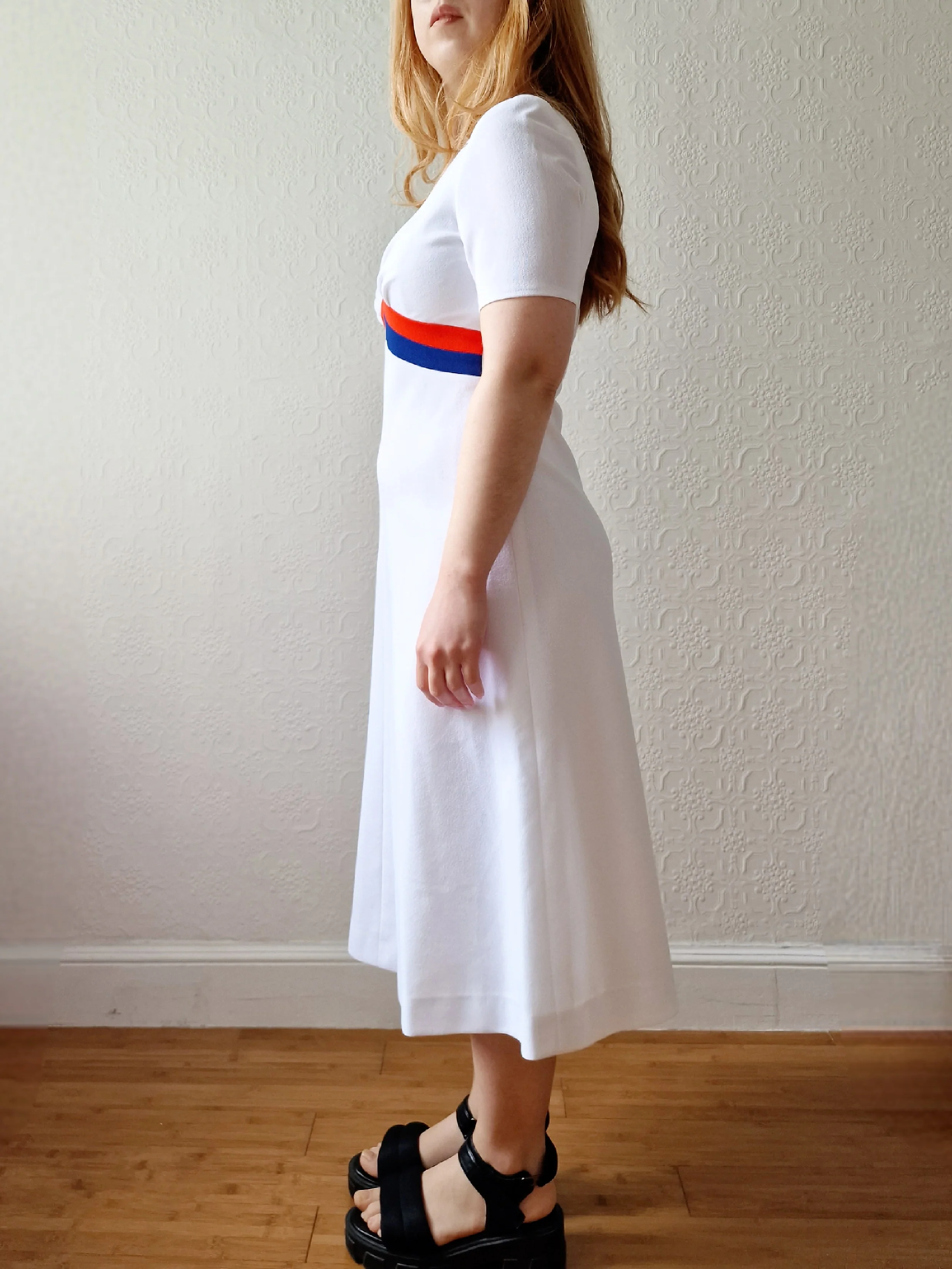 Vintage 70s White A-Line Midi Dress with Red & Blue Stripe Detail - S - Image 3