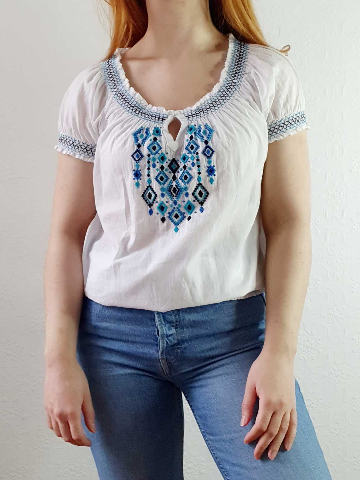 Vintage 70s White Cotton Embroidered Folk Blouse - S