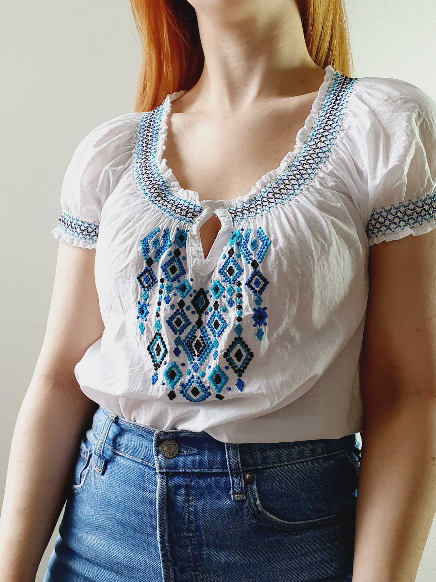 Vintage 70s White Cotton Embroidered Folk Blouse - S - Image 2