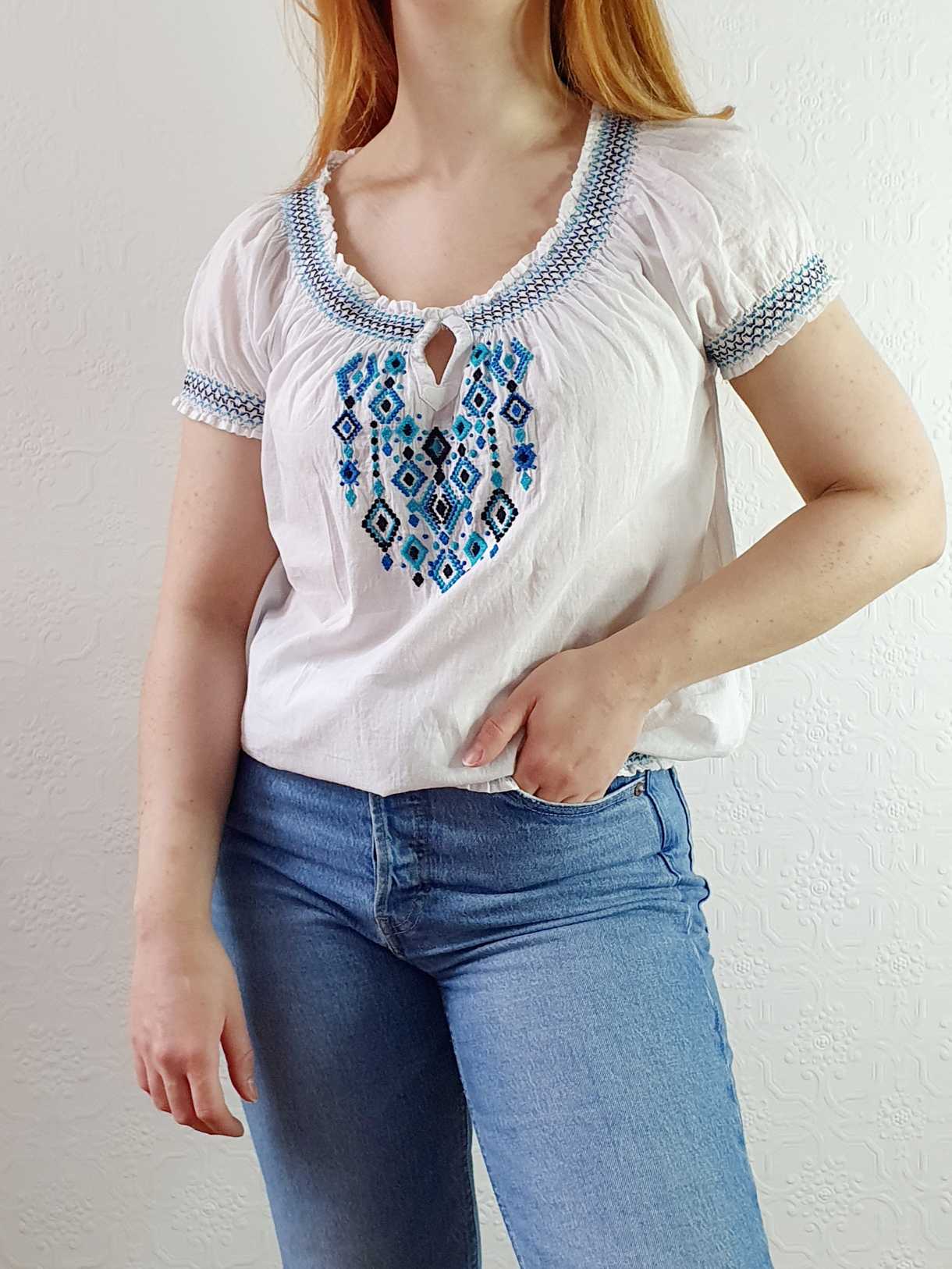 Vintage 70s White Cotton Embroidered Folk Blouse - S - Image 3