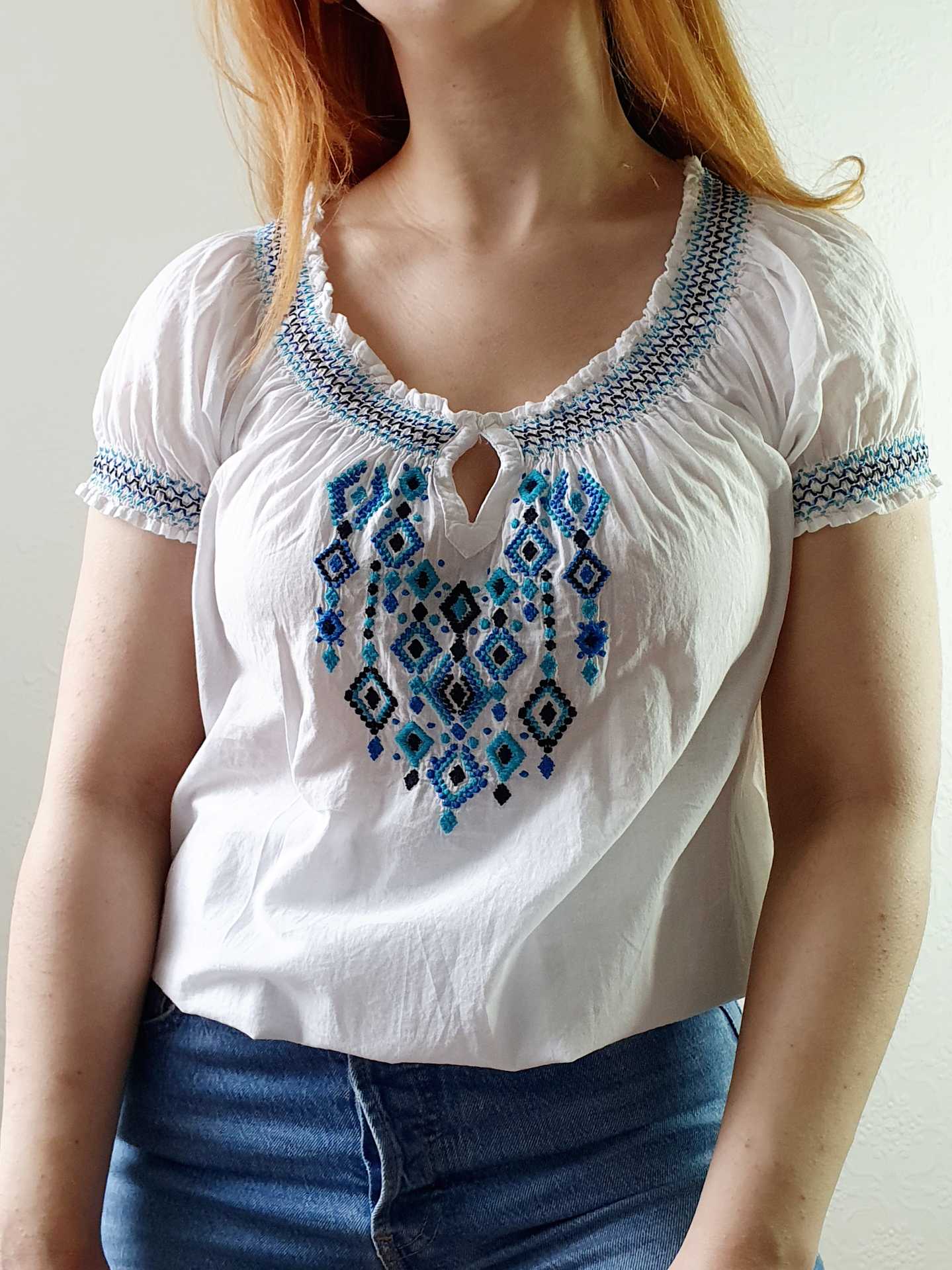 Vintage 70s White Cotton Embroidered Folk Blouse - S - Image 4