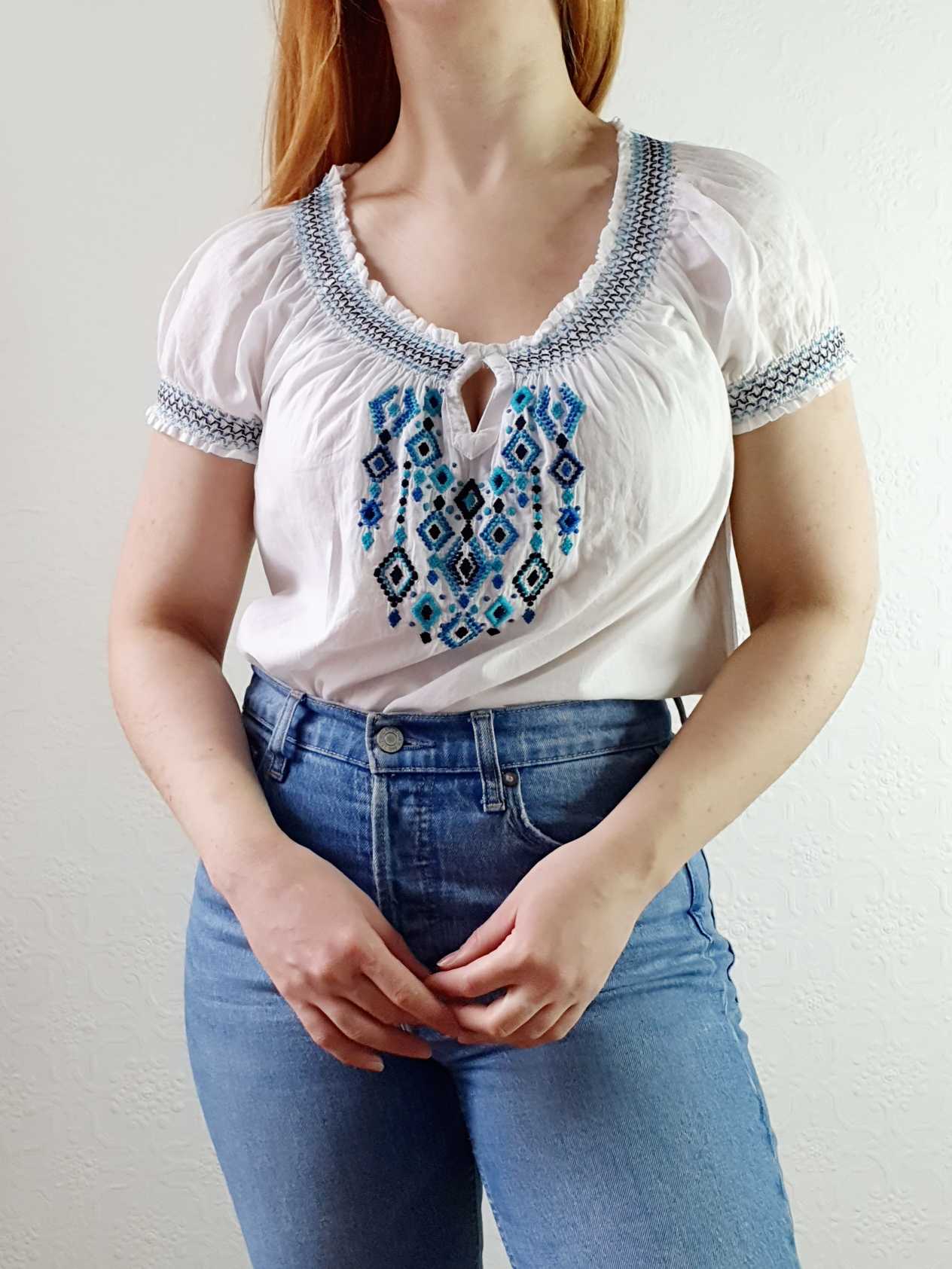Vintage 70s White Cotton Embroidered Folk Blouse - S - Image 5