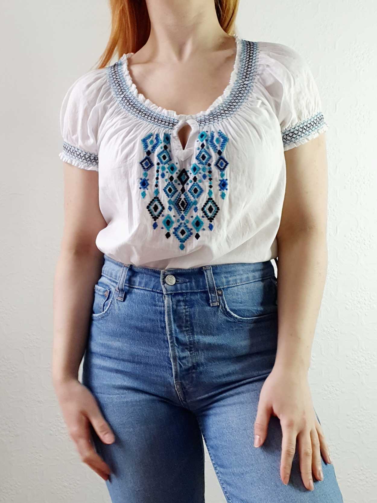 Vintage 70s White Cotton Embroidered Folk Blouse - S - Image 6