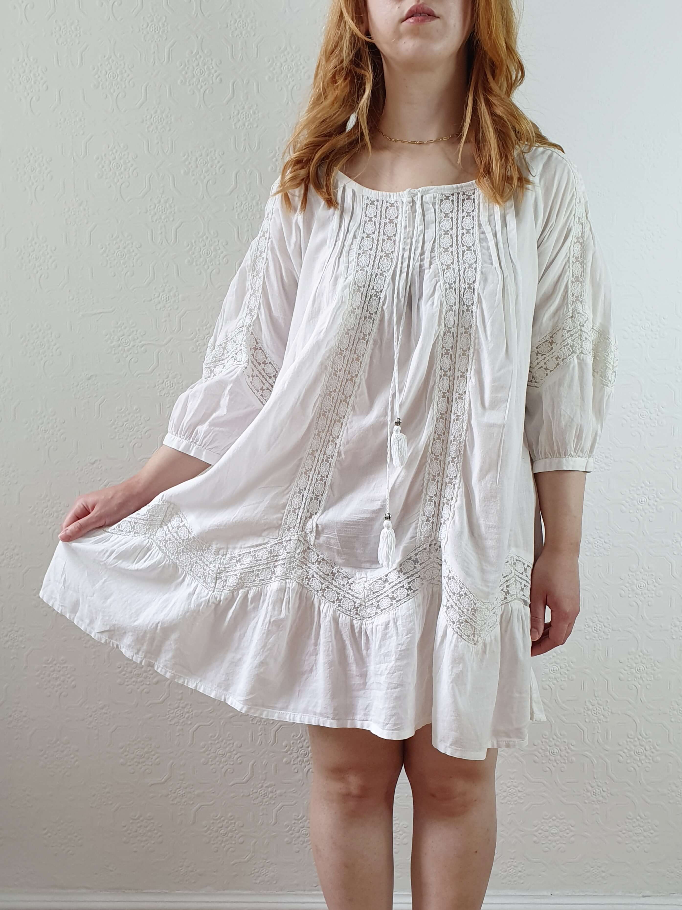 Vintage 70s White Cotton & Lace Kaftan Dress with 3/4 Sleeves - XS/S/M - Image 10