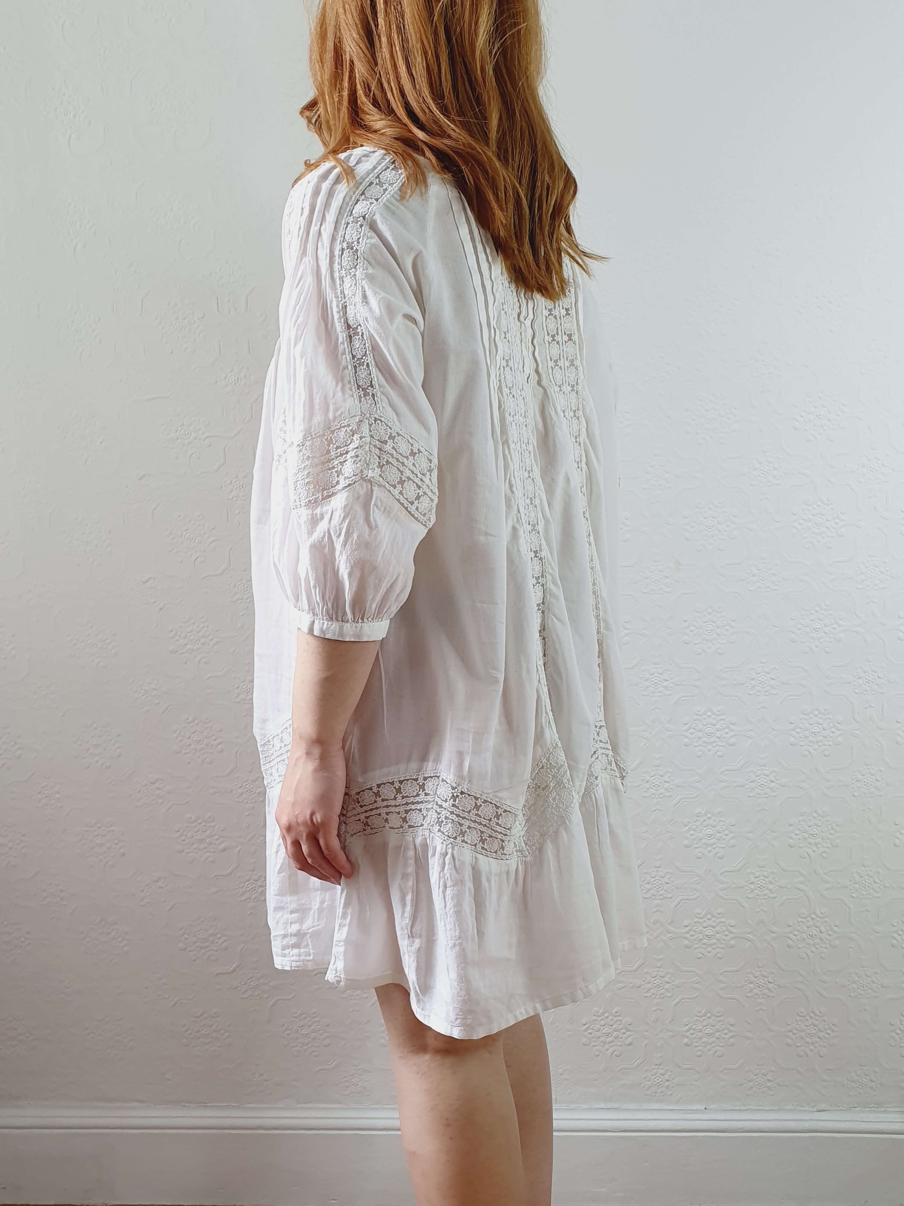 Vintage 70s White Cotton & Lace Kaftan Dress with 3/4 Sleeves - XS/S/M - Image 11