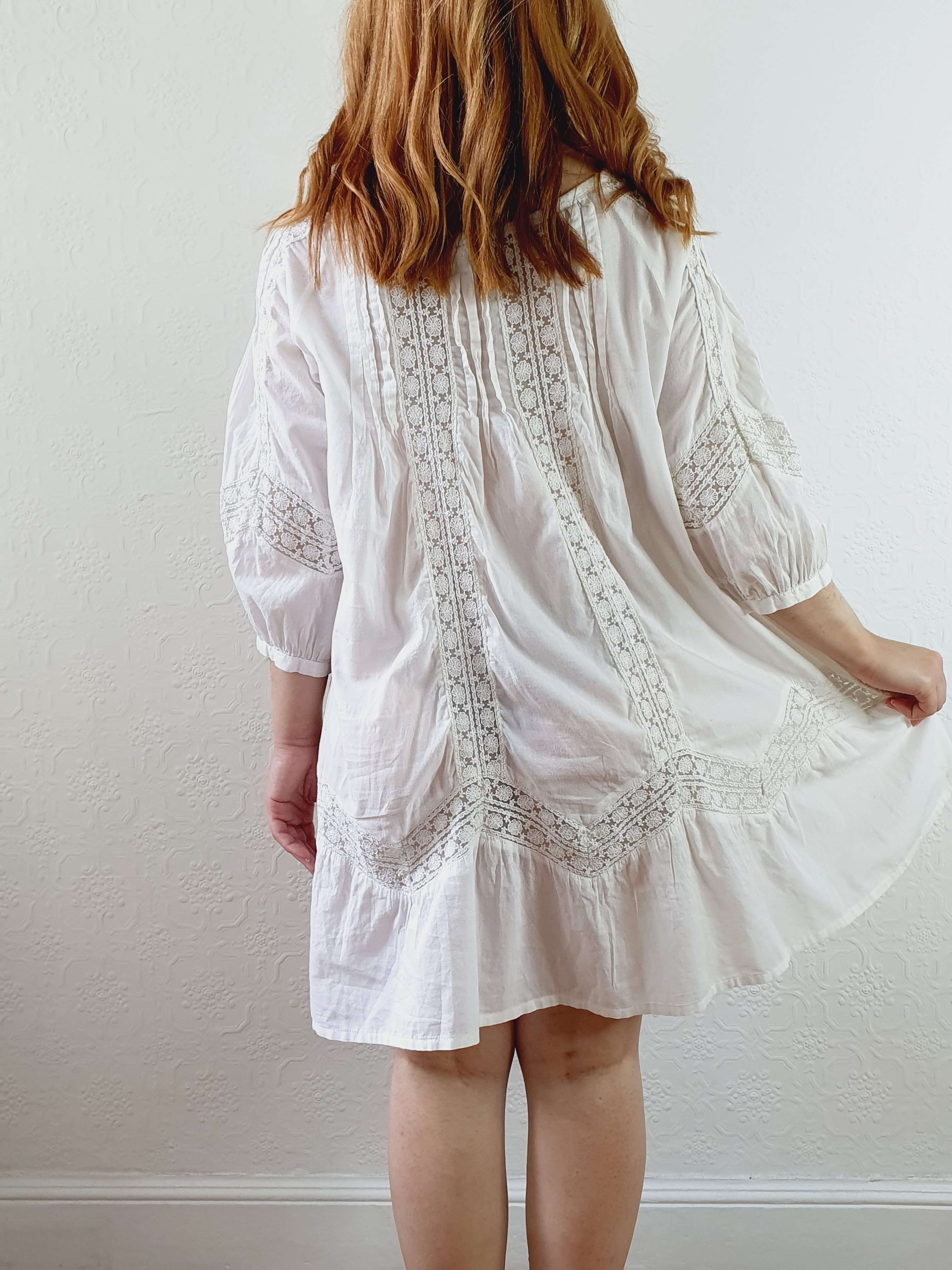 Vintage 70s White Cotton & Lace Kaftan Dress with 3/4 Sleeves - XS/S/M - Image 13