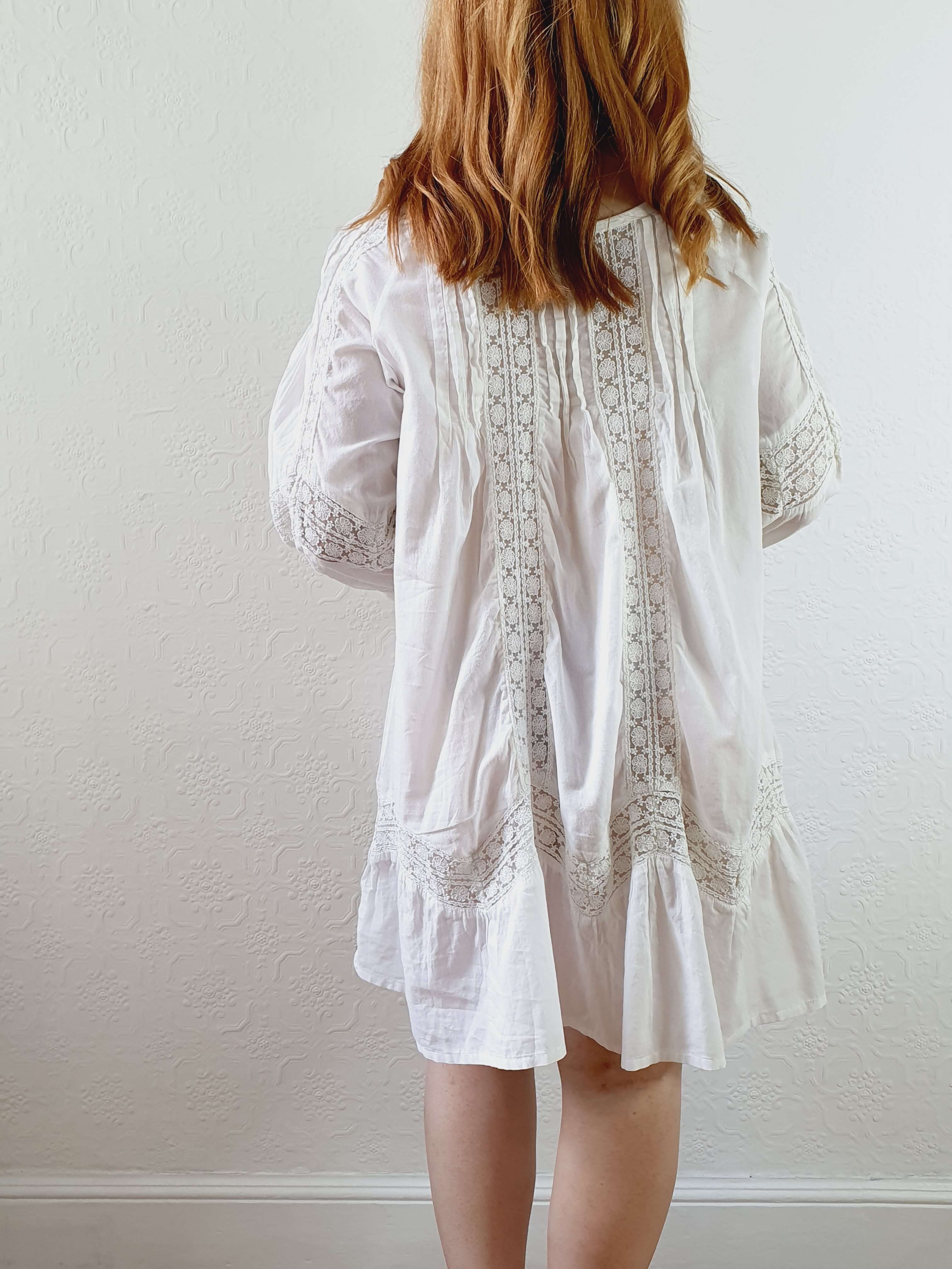 Vintage 70s White Cotton & Lace Kaftan Dress with 3/4 Sleeves - XS/S/M - Image 14