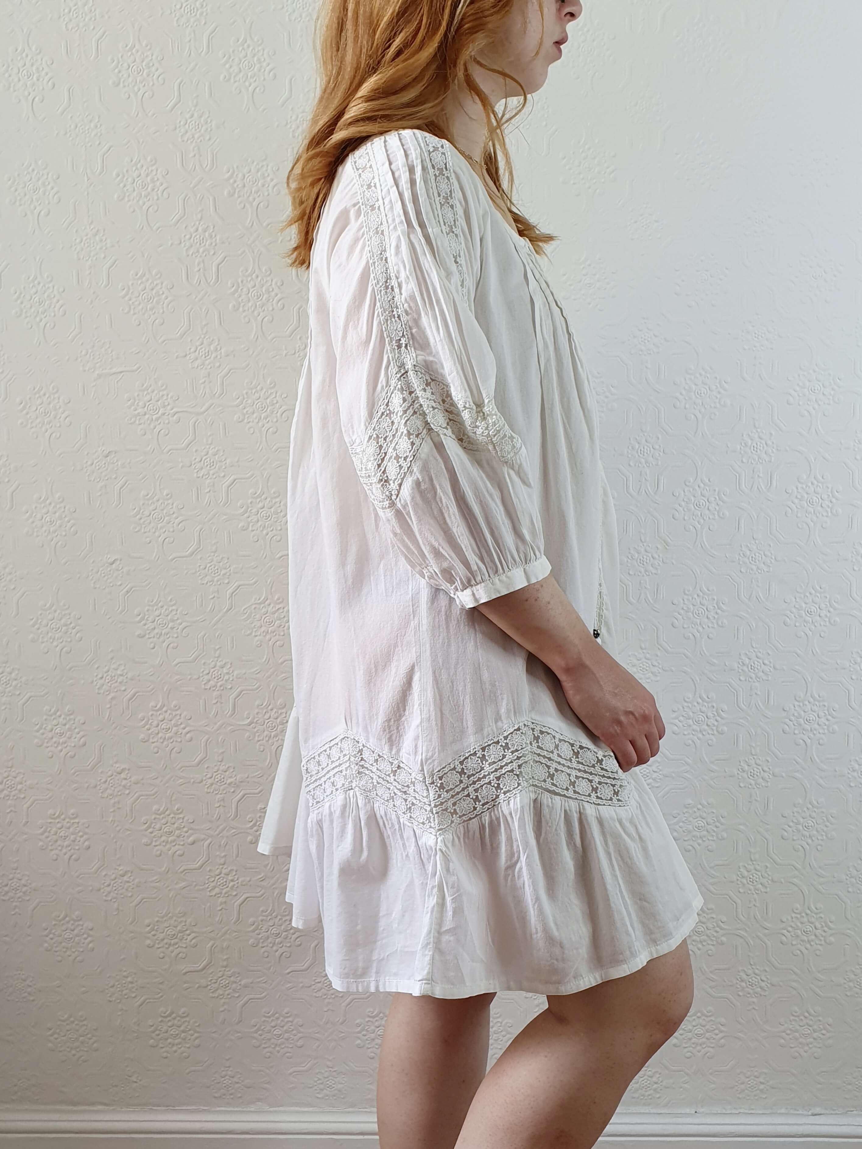 Vintage 70s White Cotton & Lace Kaftan Dress with 3/4 Sleeves - XS/S/M - Image 2