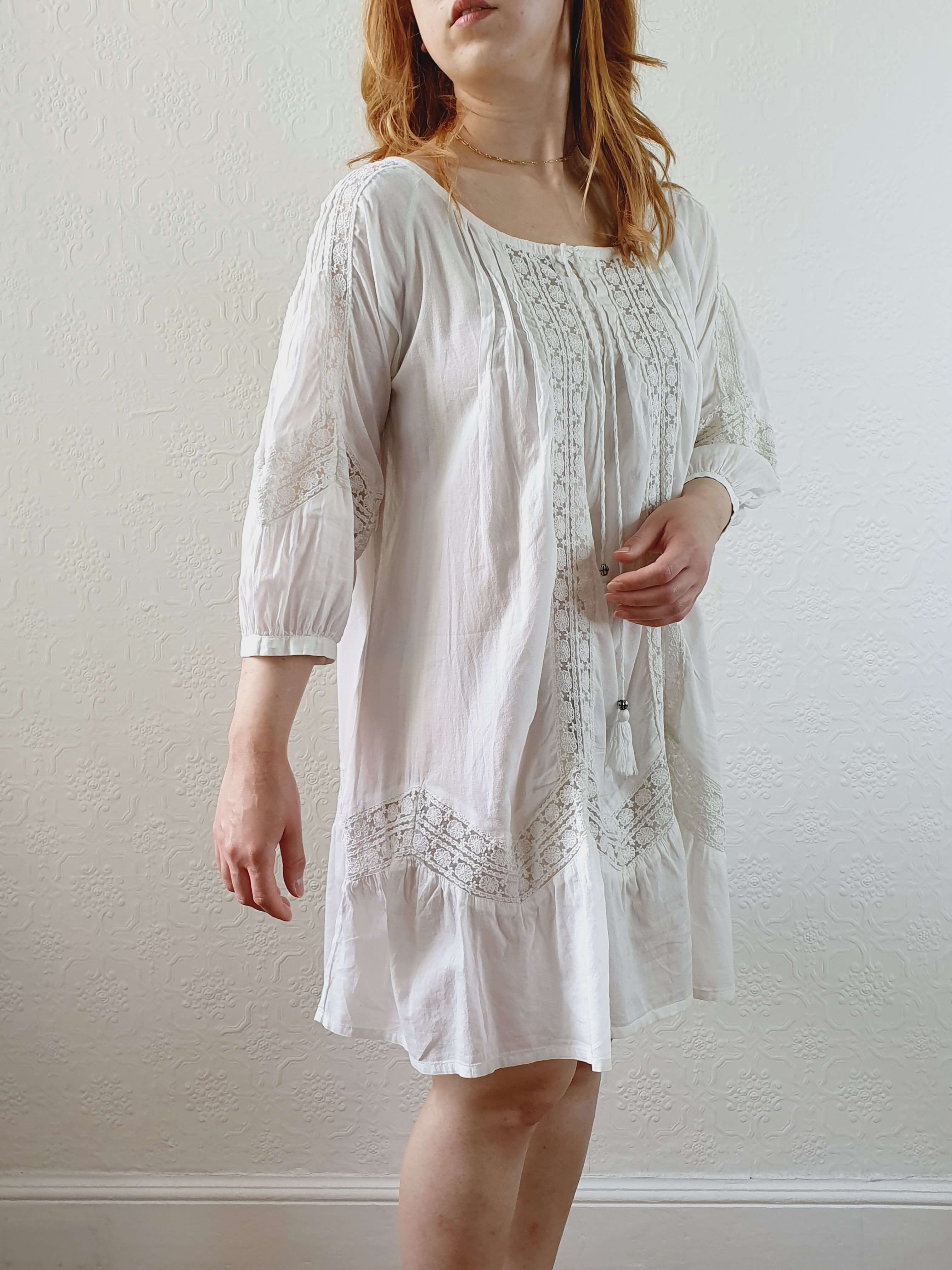 Vintage 70s White Cotton & Lace Kaftan Dress with 3/4 Sleeves - XS/S/M - Image 3