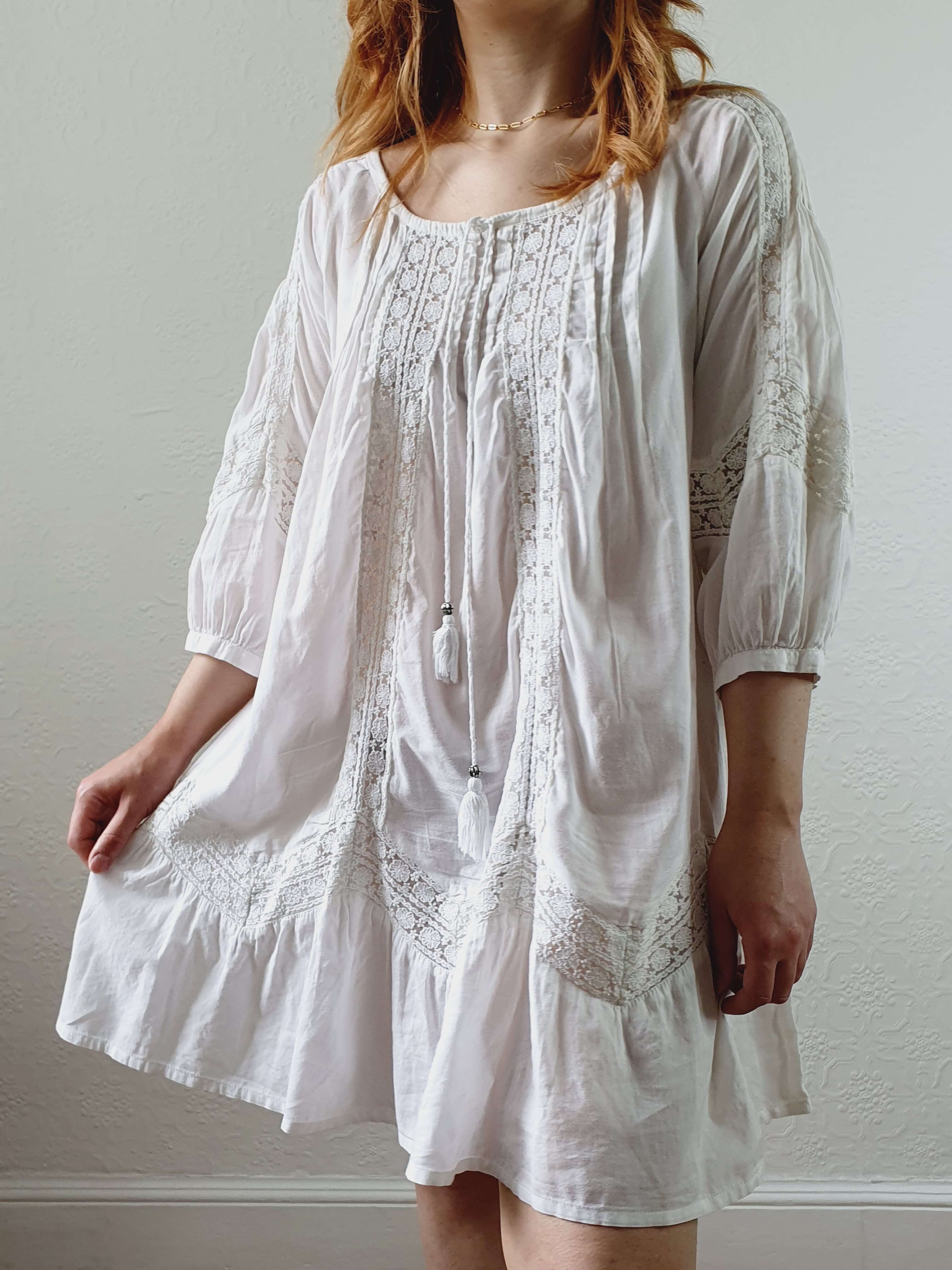 Vintage 70s White Cotton & Lace Kaftan Dress with 3/4 Sleeves - XS/S/M - Image 5