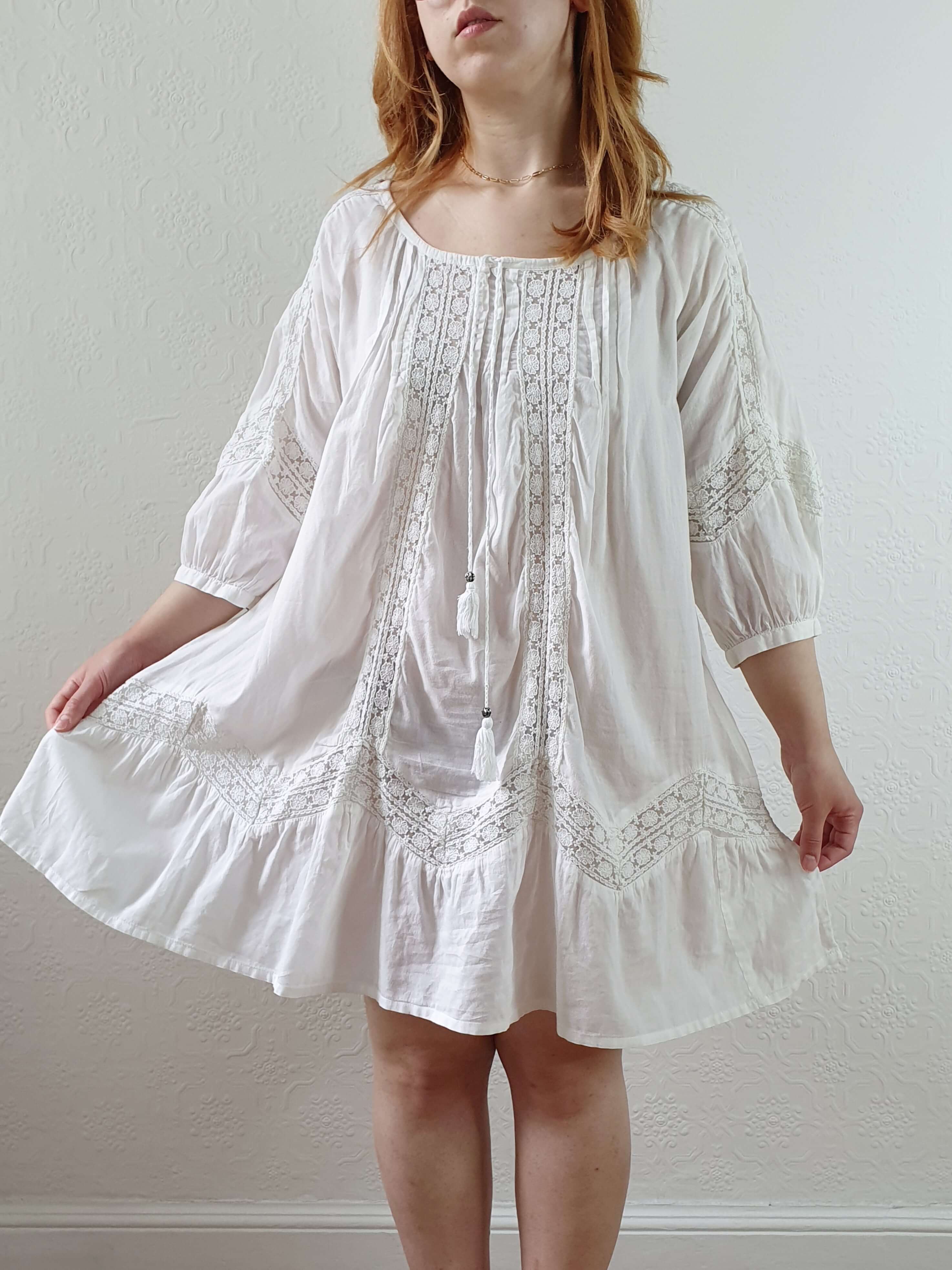Vintage 70s White Cotton & Lace Kaftan Dress with 3/4 Sleeves - XS/S/M - Image 7