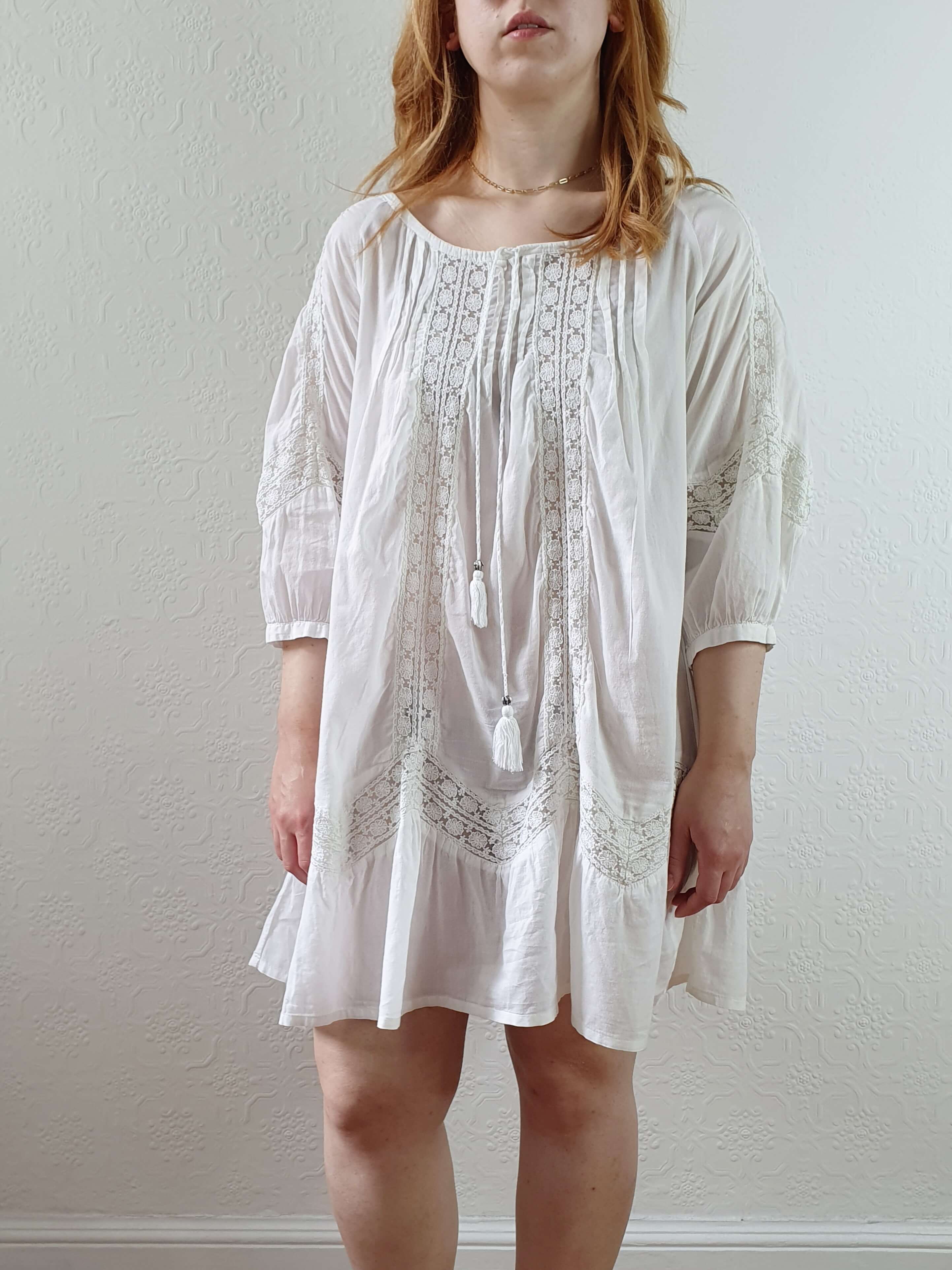 Vintage 70s White Cotton & Lace Kaftan Dress with 3/4 Sleeves - XS/S/M - Image 8