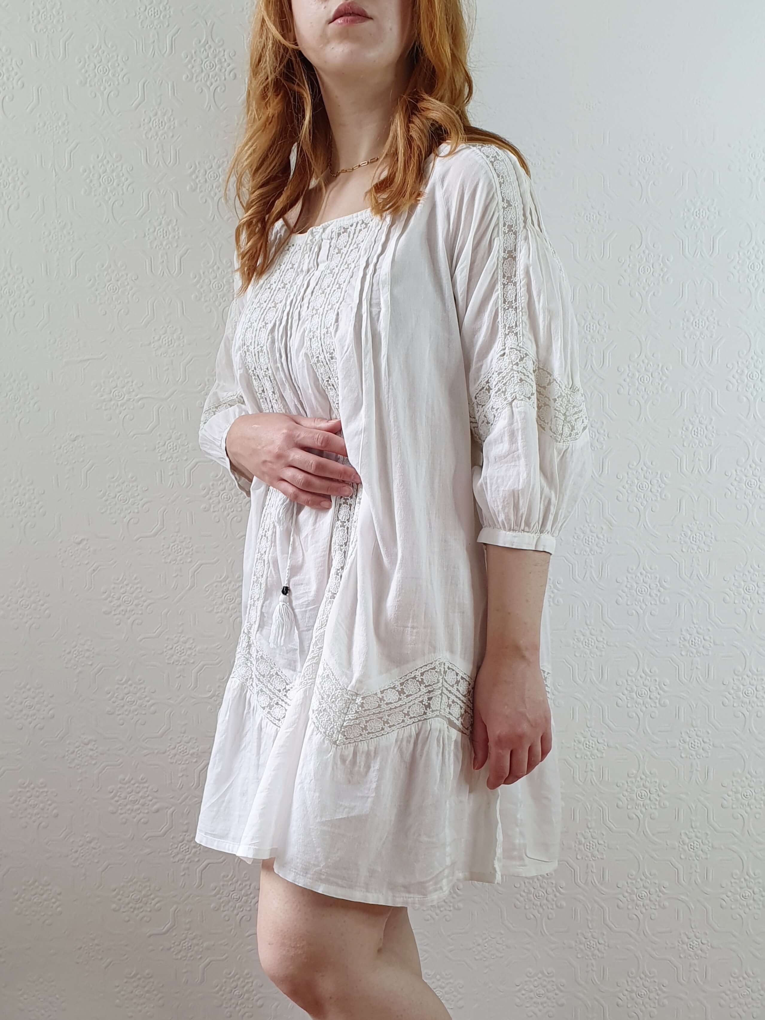 Vintage 70s White Cotton & Lace Kaftan Dress with 3/4 Sleeves - XS/S/M - Image 9