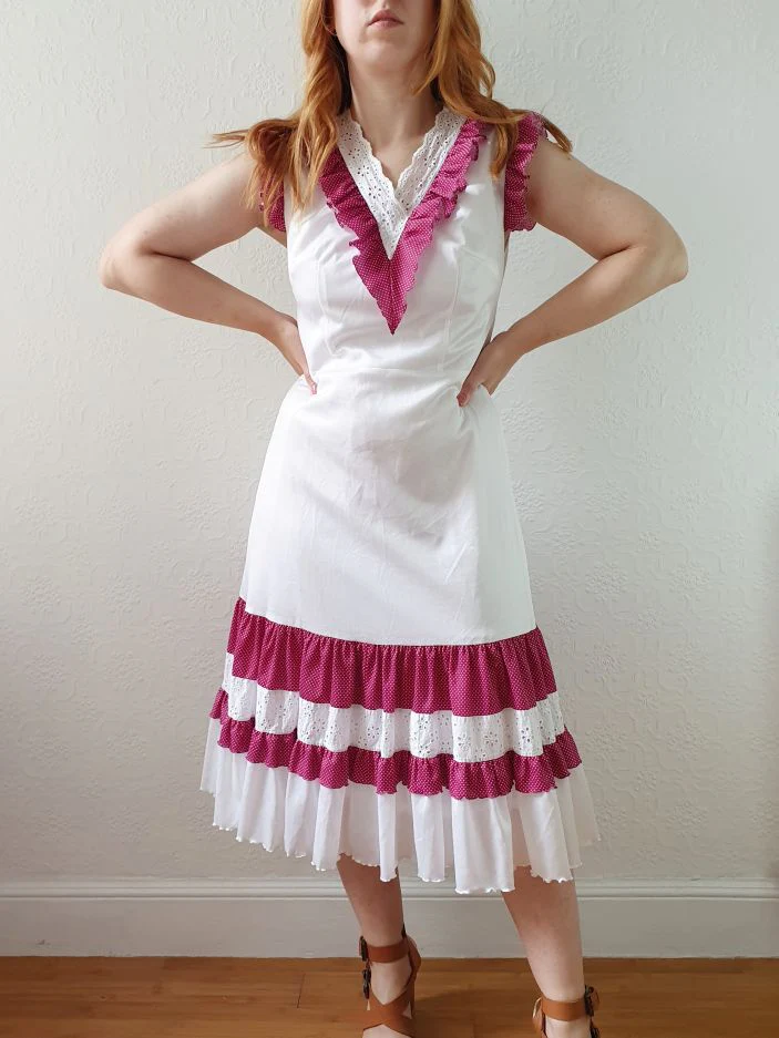 Vintage 70s White & Purple Sleeveless Midi Dress - S