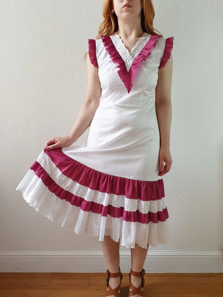 Vintage 70s White & Purple Sleeveless Midi Dress - S - Image 10
