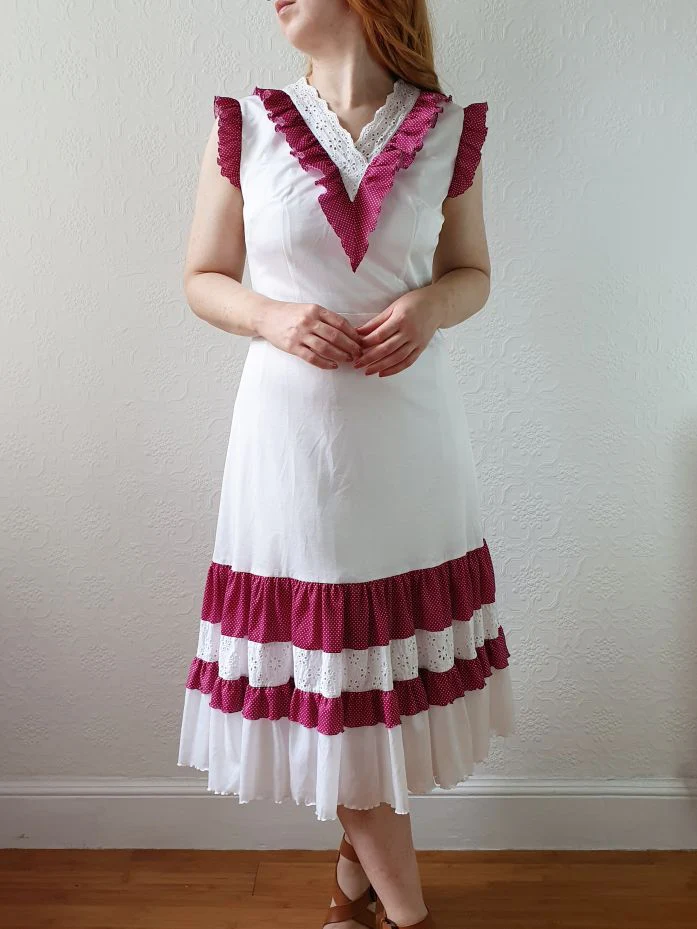 Vintage 70s White & Purple Sleeveless Midi Dress - S - Image 2