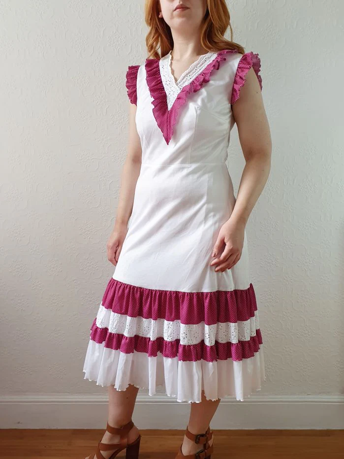 Vintage 70s White & Purple Sleeveless Midi Dress - S - Image 3