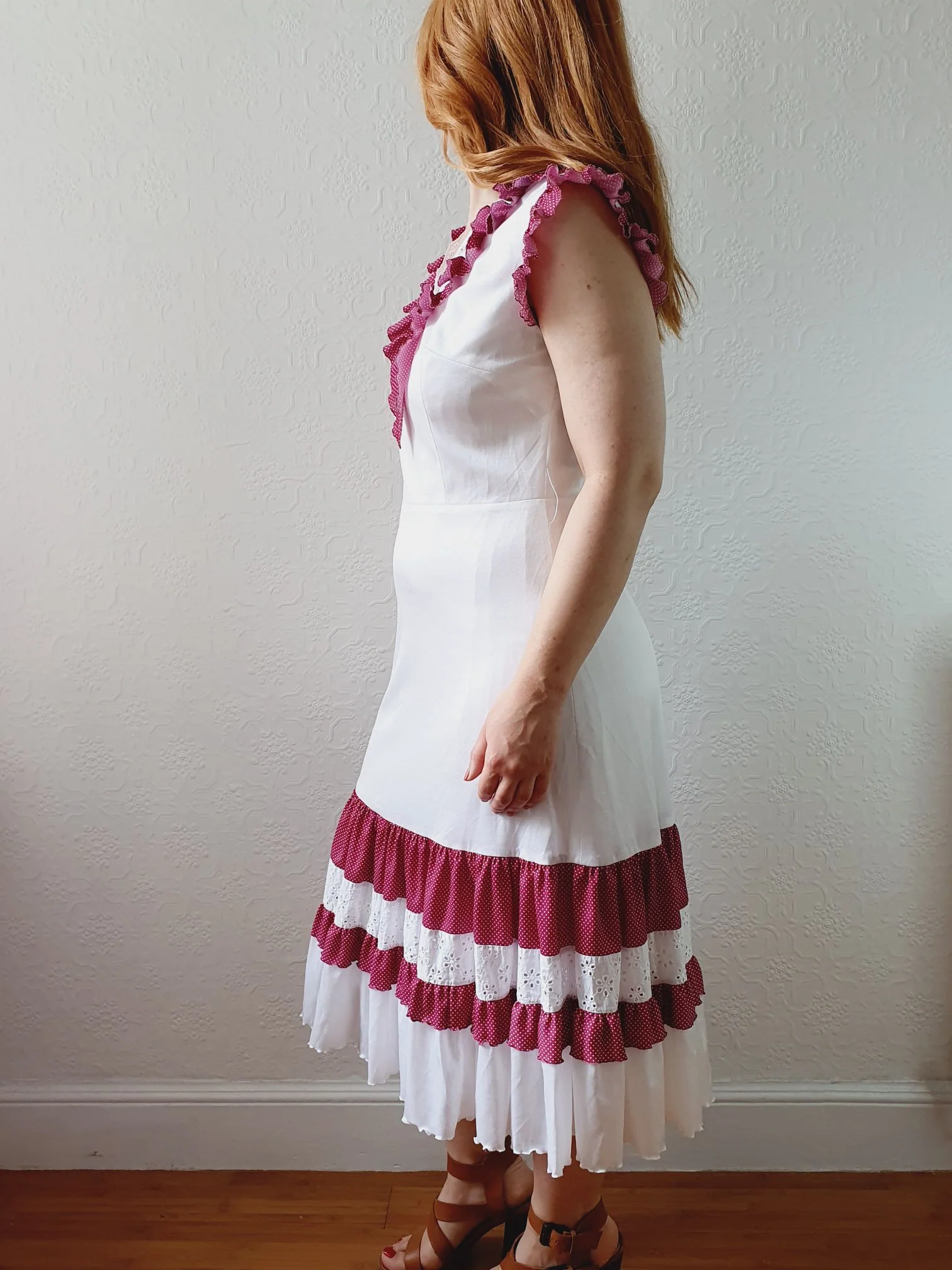 Vintage 70s White & Purple Sleeveless Midi Dress - S - Image 4