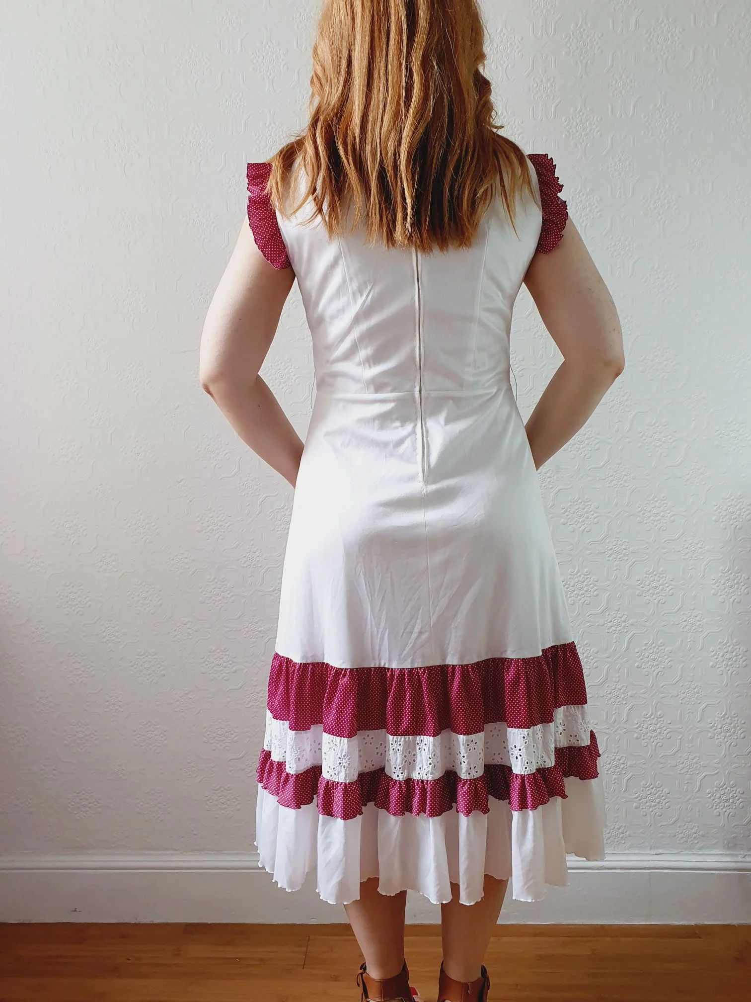 Vintage 70s White & Purple Sleeveless Midi Dress - S - Image 5